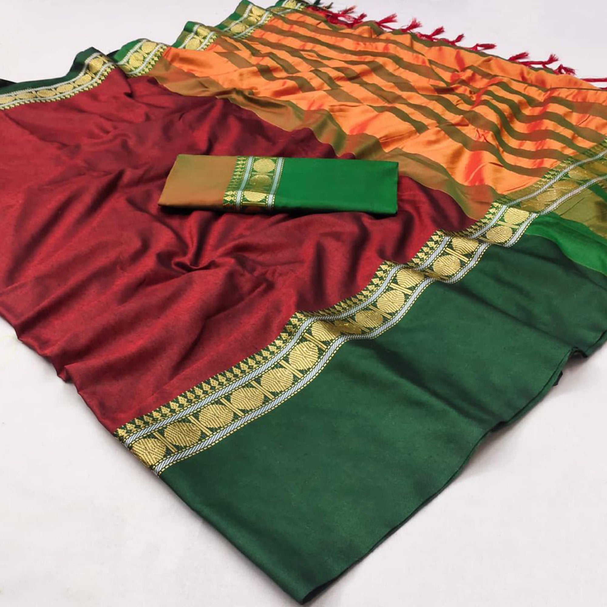 Peachmode Maroon Woven Cotton Silk Saree With Tassels