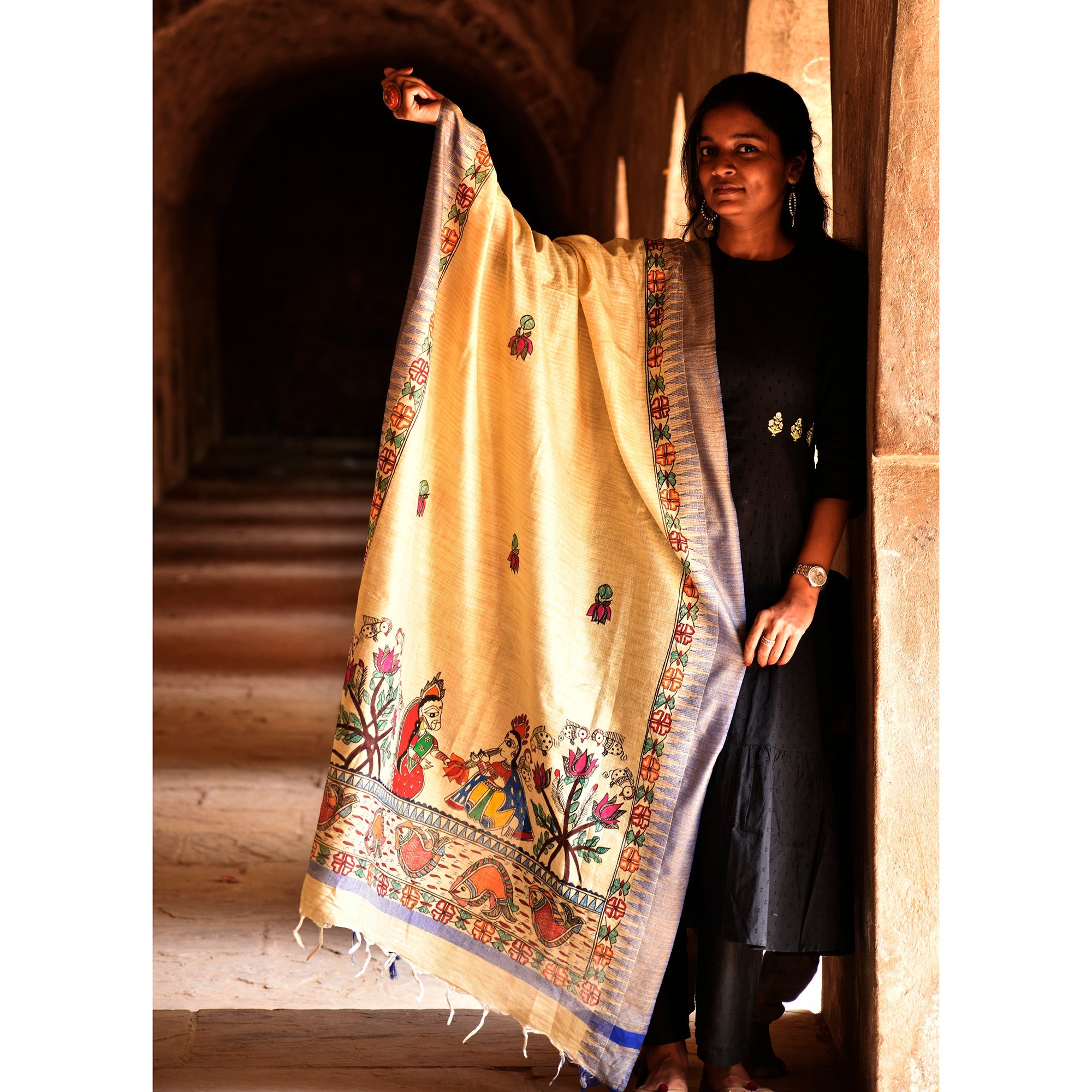 DIORAMA DESIGNS Beige - Madhubani Hand-Painted Radha Krishna Cotton Dupatta