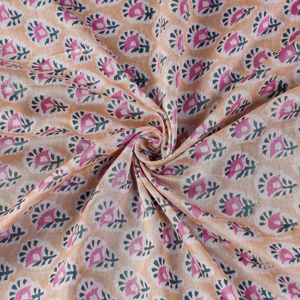 KUSUMLATA Beige - Pink Florets Sanganeri Block Printed Handloom Chanderi Silk Fabric - view 4