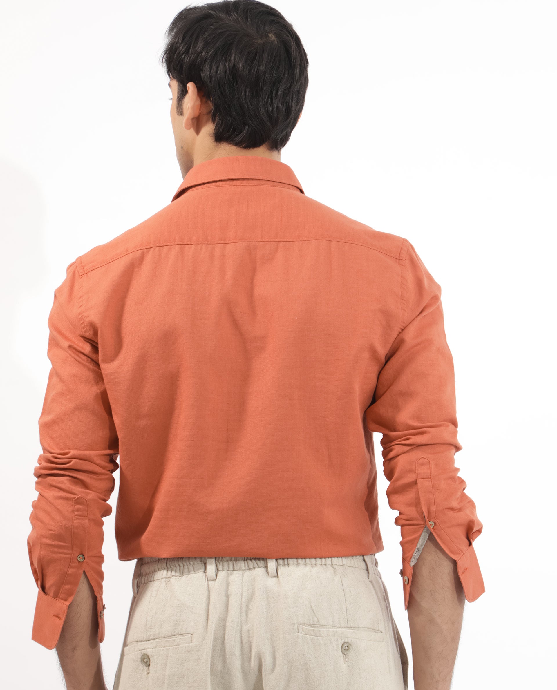 Rare Rabbit Men's Linux Orange Cotton Linen Fabric Full Sleeves Regular Fit Solid Shirt - view 8