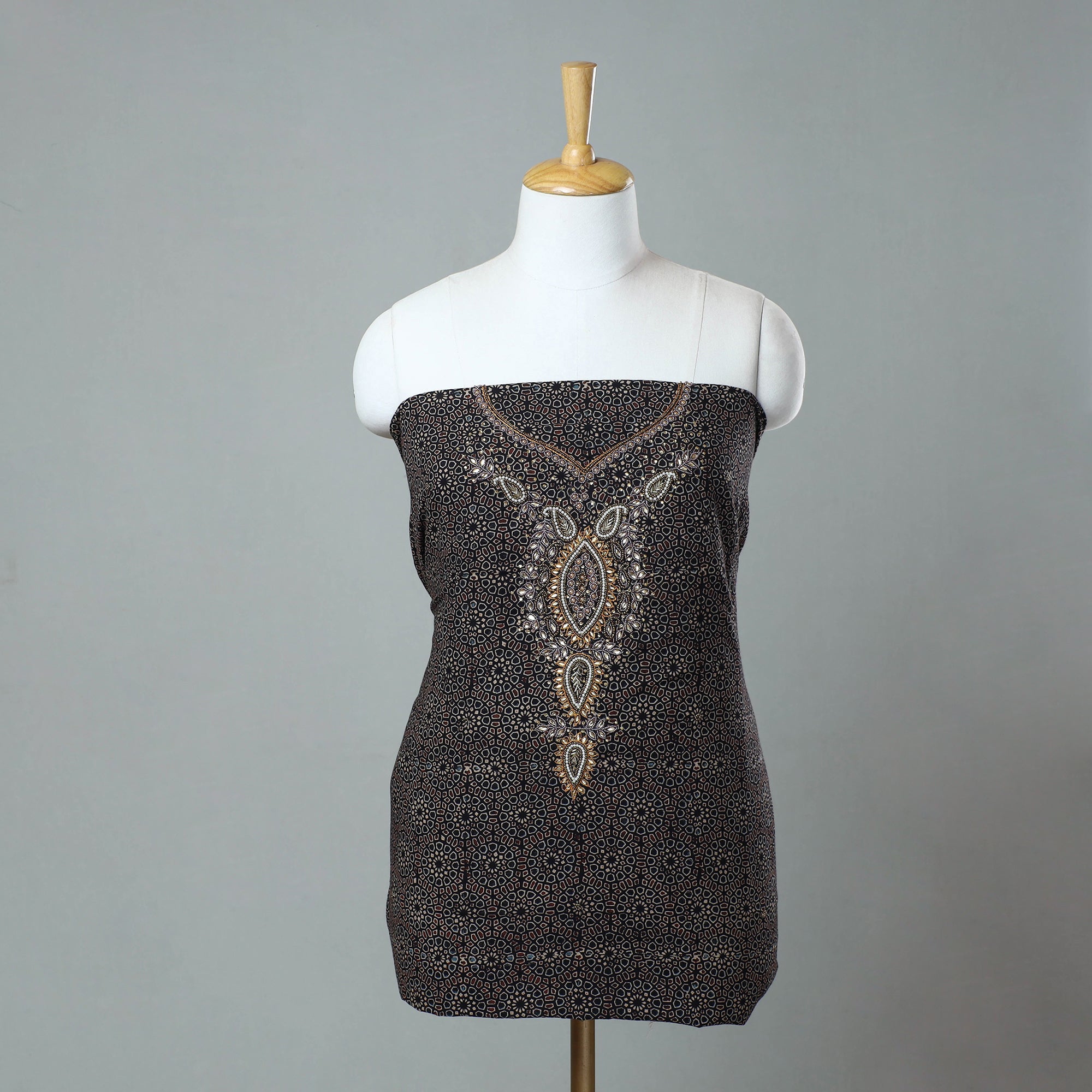 NOORI BAZAR Black - Ajrakh Print Hand Embroidery Cotton Kurta Material - (2.65m) 20