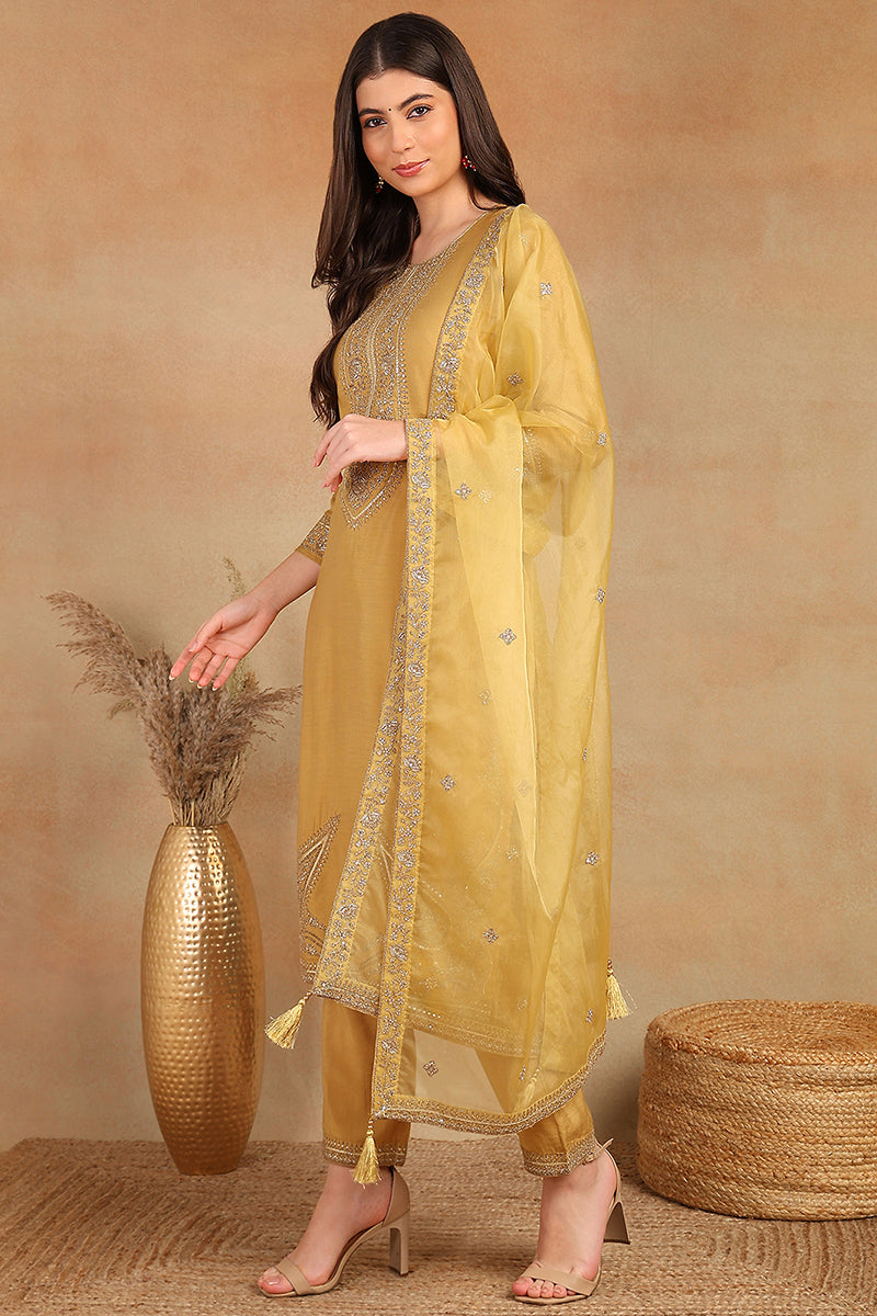 Ahika Golden Yellow Silk Blend Solid Embroidered Straight Trouser Bottom Suit Set PKSKD2520YLW - view 5