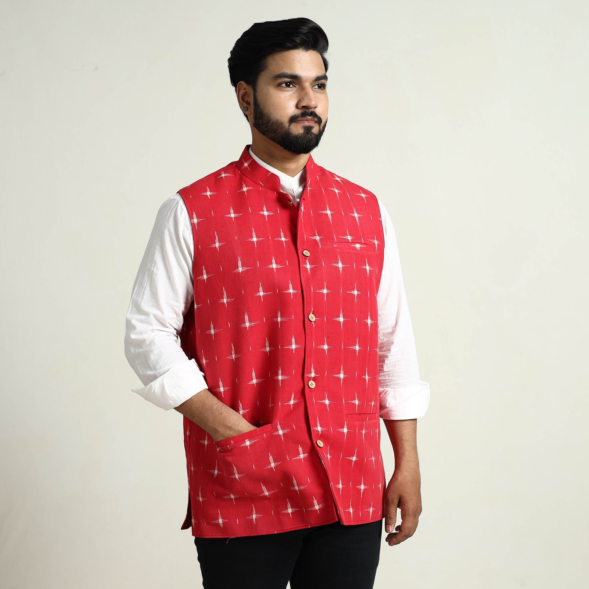 ITOKRI CASUALS Black - Pochampally Double Ikat Handloom Cotton Men Nehru Jacket 09 - view 3