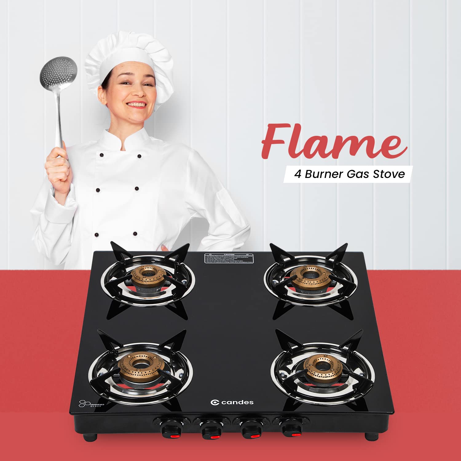 Candes Flame Glass Top Gas Stove 4 Burner, Manual Ignition, Black - view 2