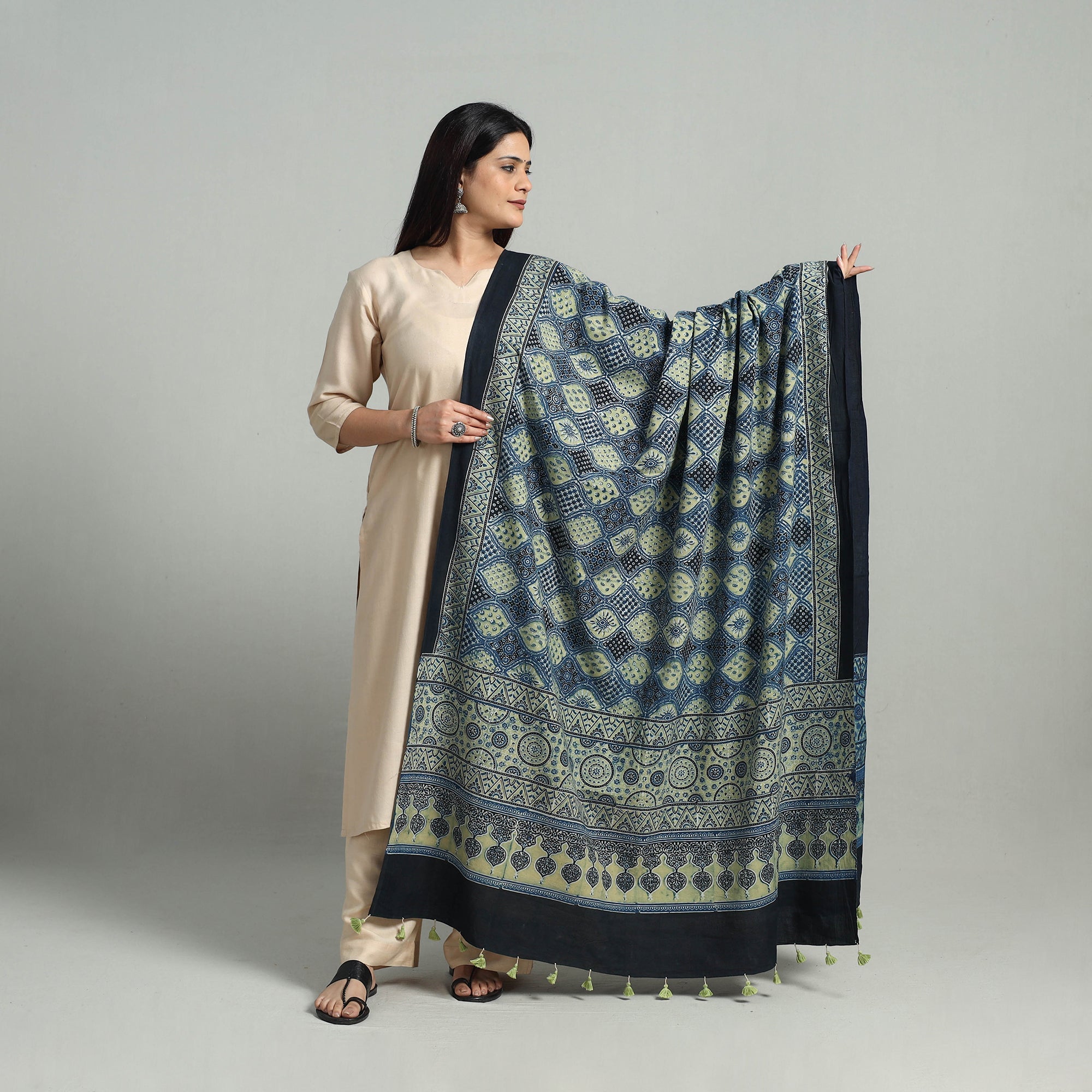 AJRAKH BY SUFIYAN ISMAIL KHATRI Blue - Hand Block Printed Cotton Ajrakh Dupatta 02