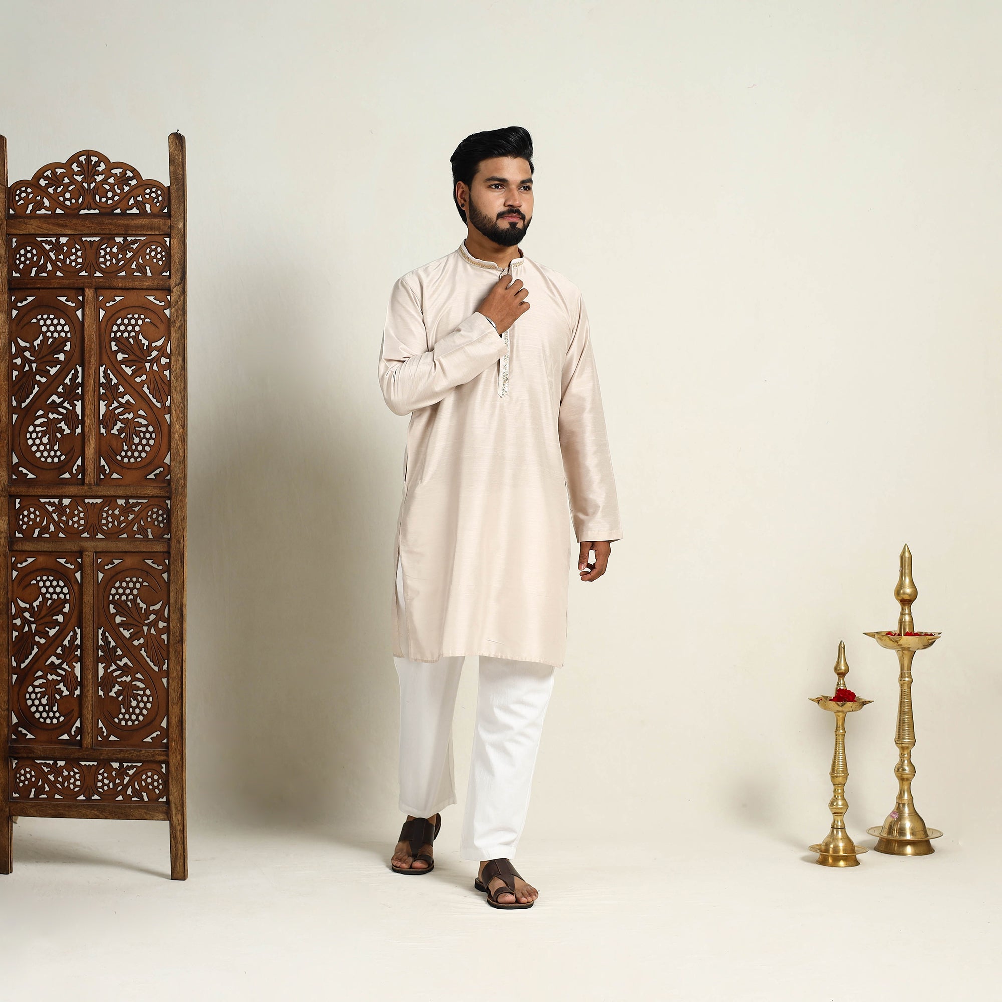 ITOKRI CASUALS Beige - Slub Silk Kurta for Men with Detailed Neckline Work 06