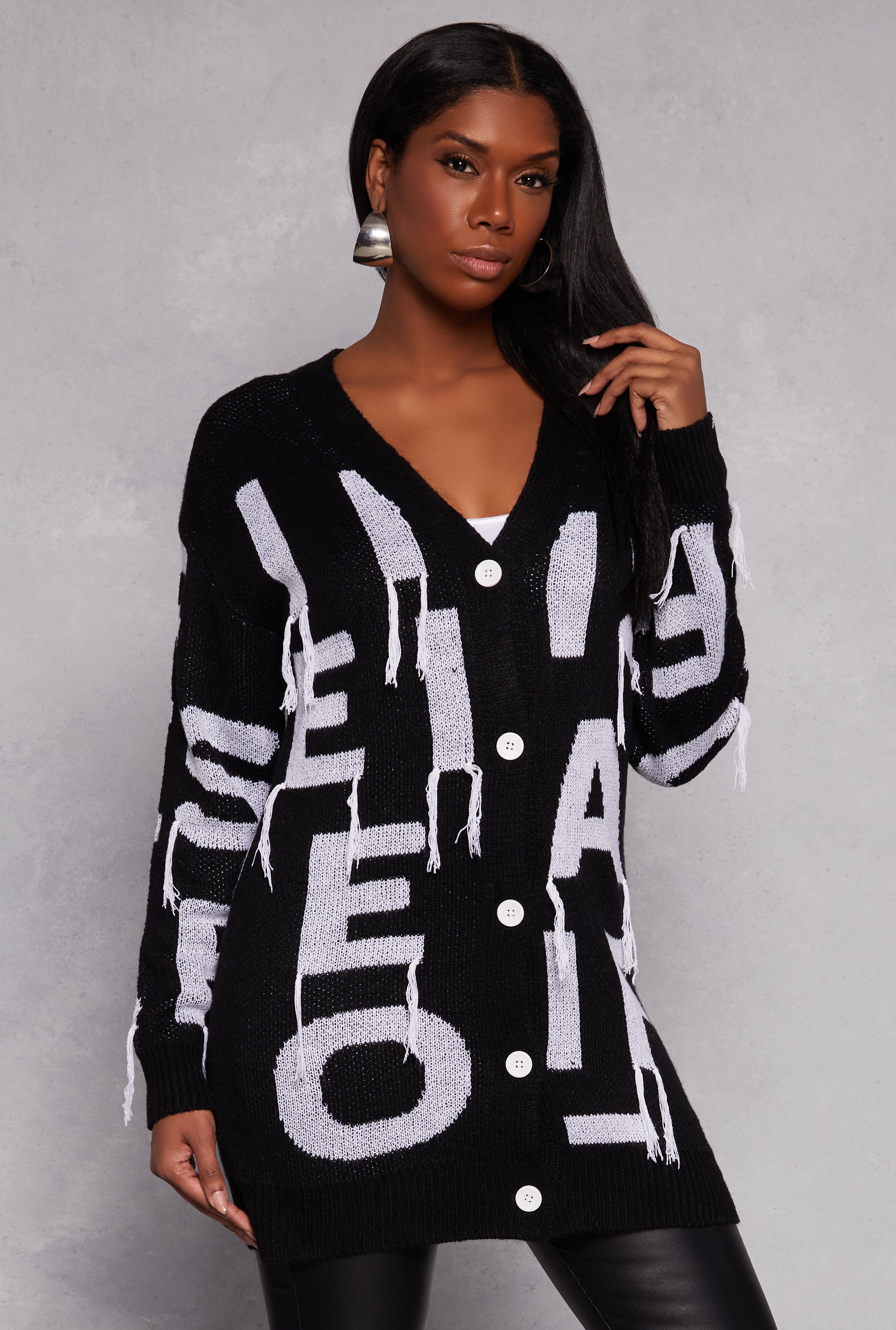 Rainbow Shops Alphabet Fringe Detail Button Front Cardigan