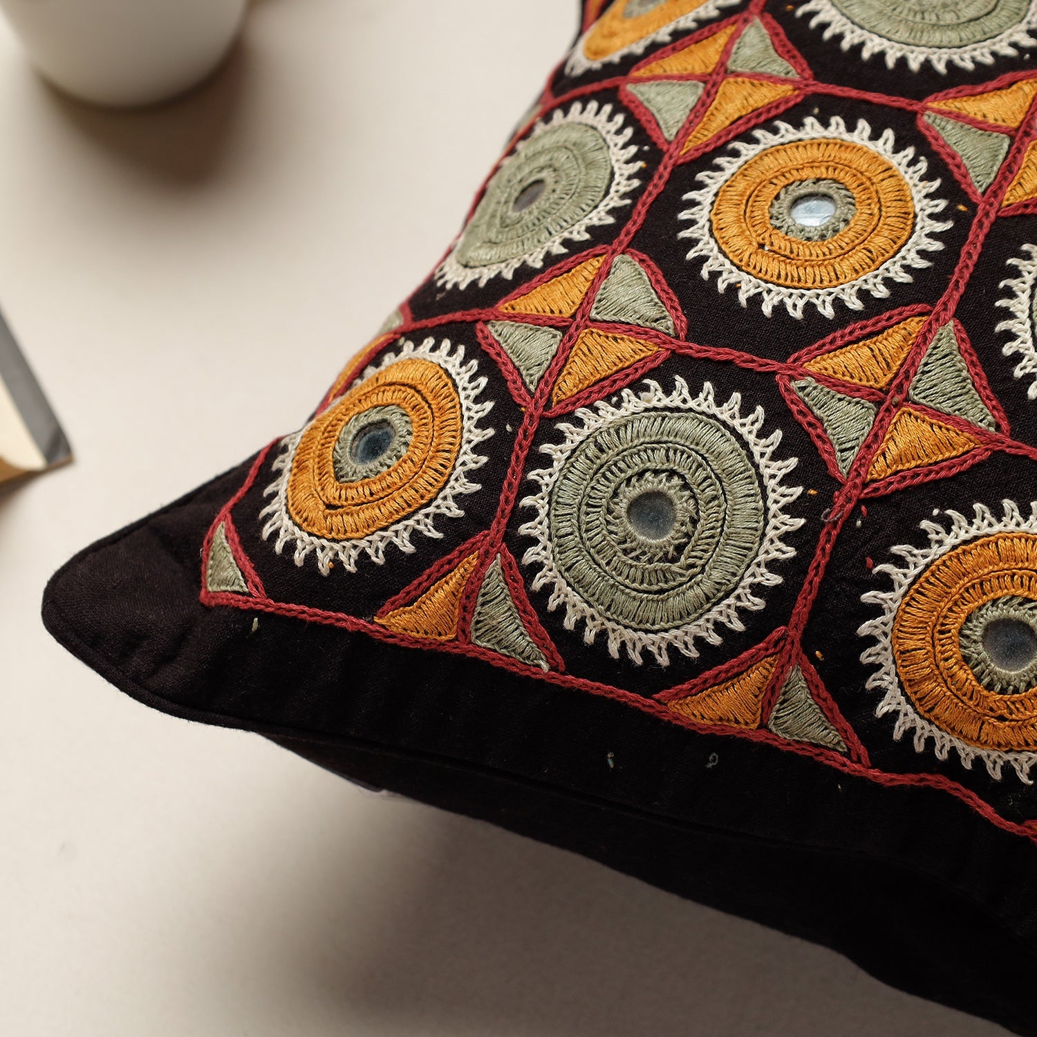 Black - Kala Raksha Rabari Hand Embroidery Cotton Cushion Cover (13 x 13 in) - view 2