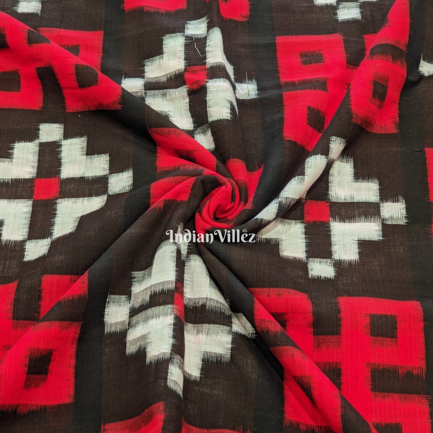 IndianVillèz Black Red Pasapali Sambalpuri Ikat Cotton Fabric