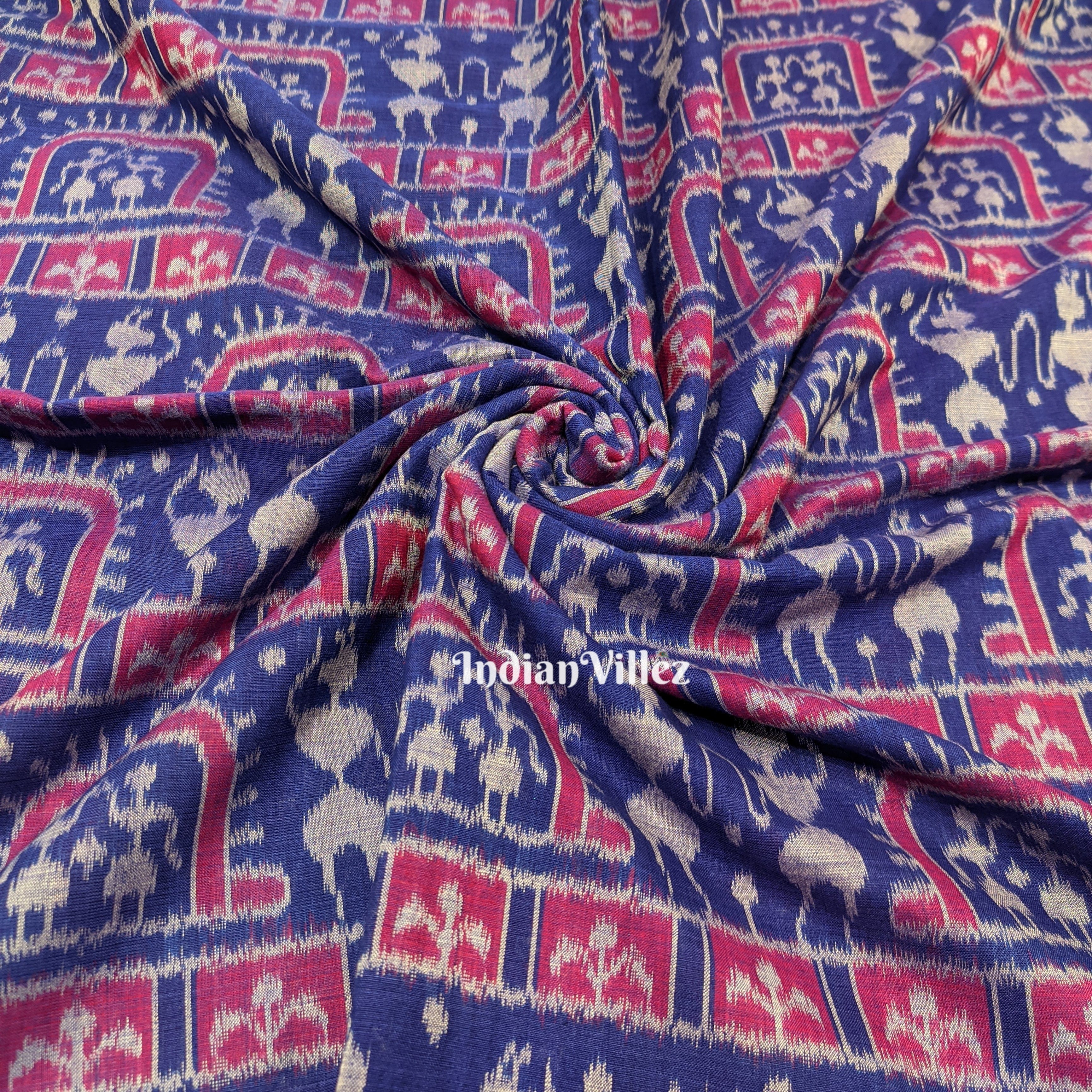 IndianVillèz Blue Pink Tribal Motifs Sambalpuri Ikat Cotton Fabric