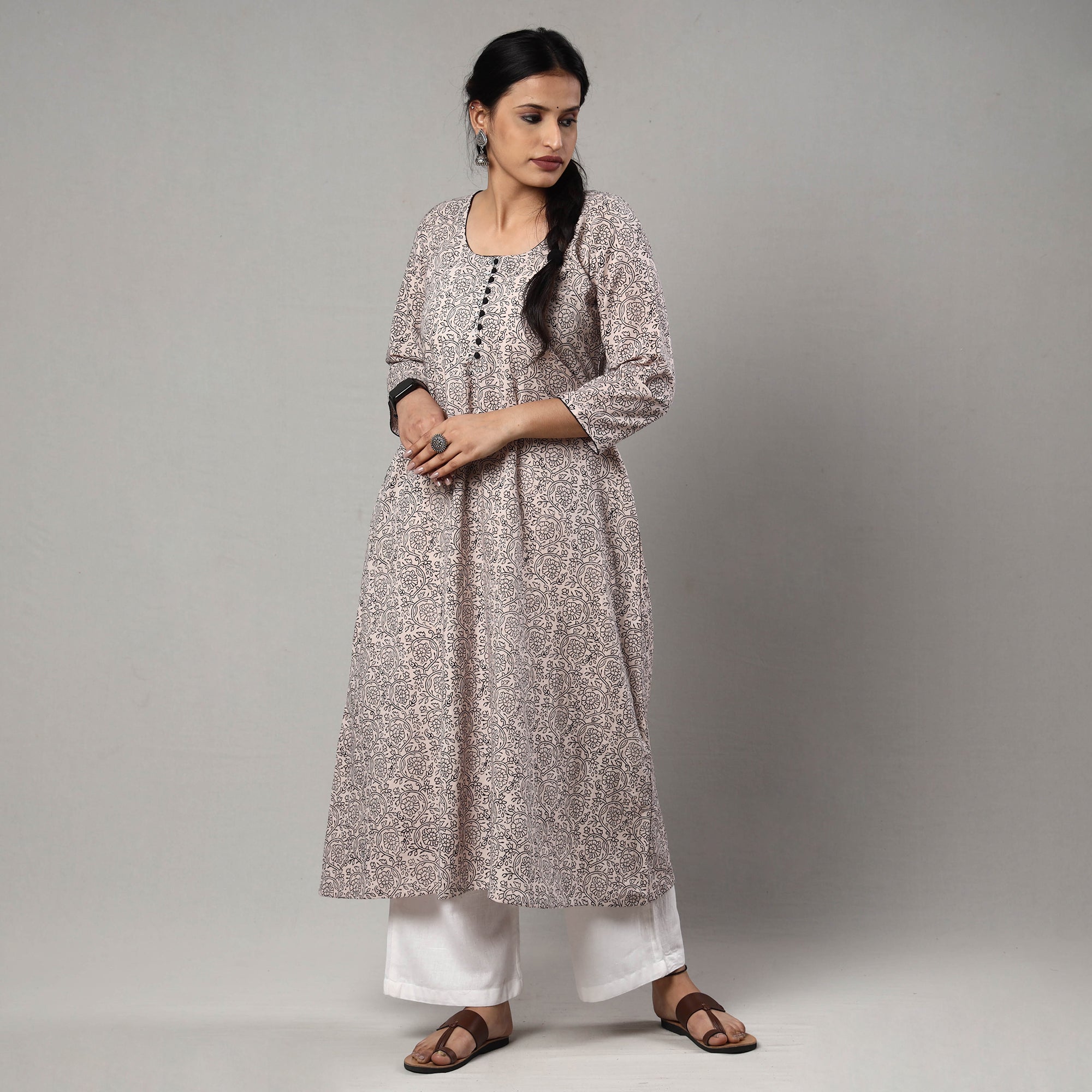 ITOKRI CASUALS Beige - White & Black - Block Print Cotton A-Line Bagh Kurta - view 2