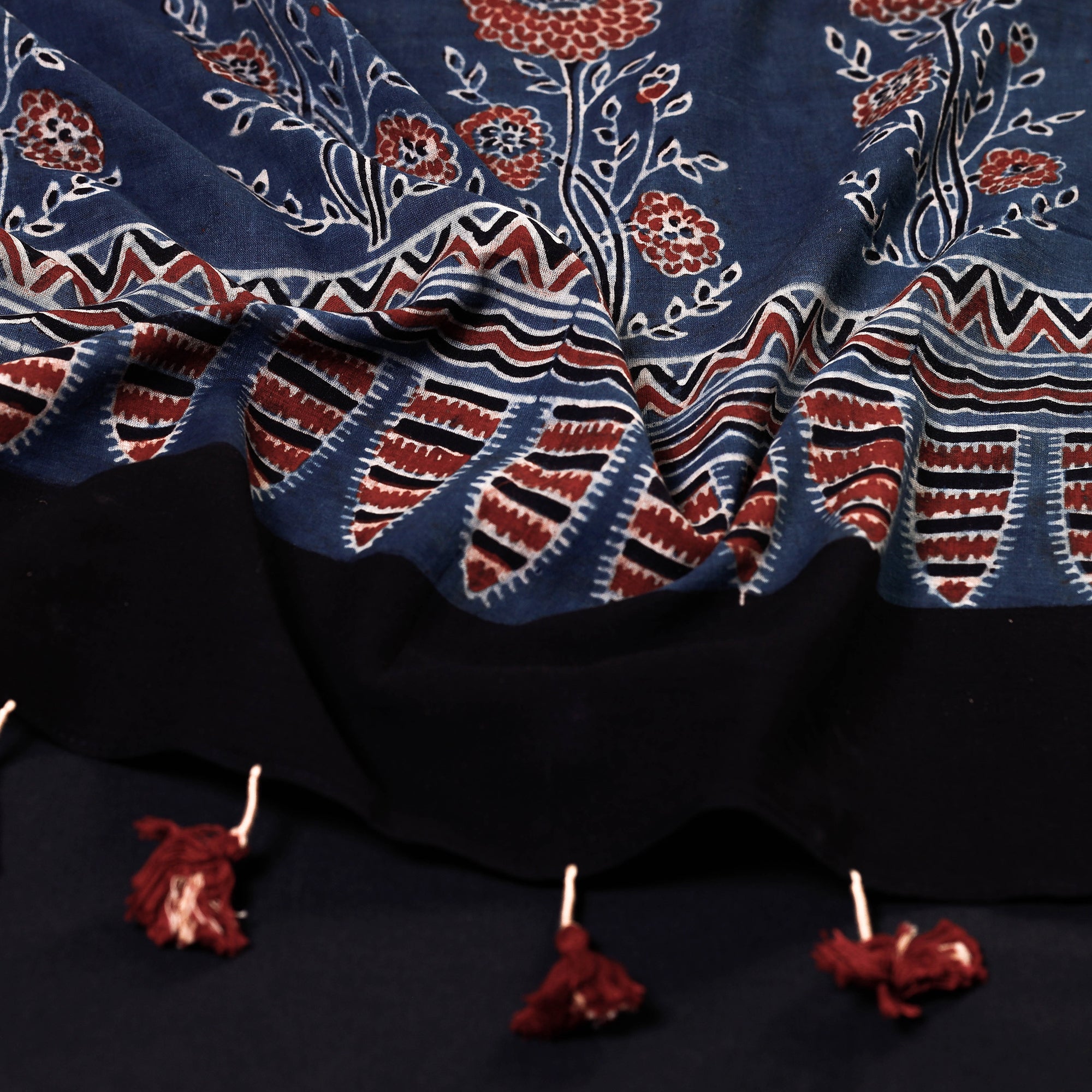 RIYAZ ABDULMAJID KHATRI - AJRAKH Blue - Ajrakh Block Printed Mul Cotton Stole with Tassels - view 2