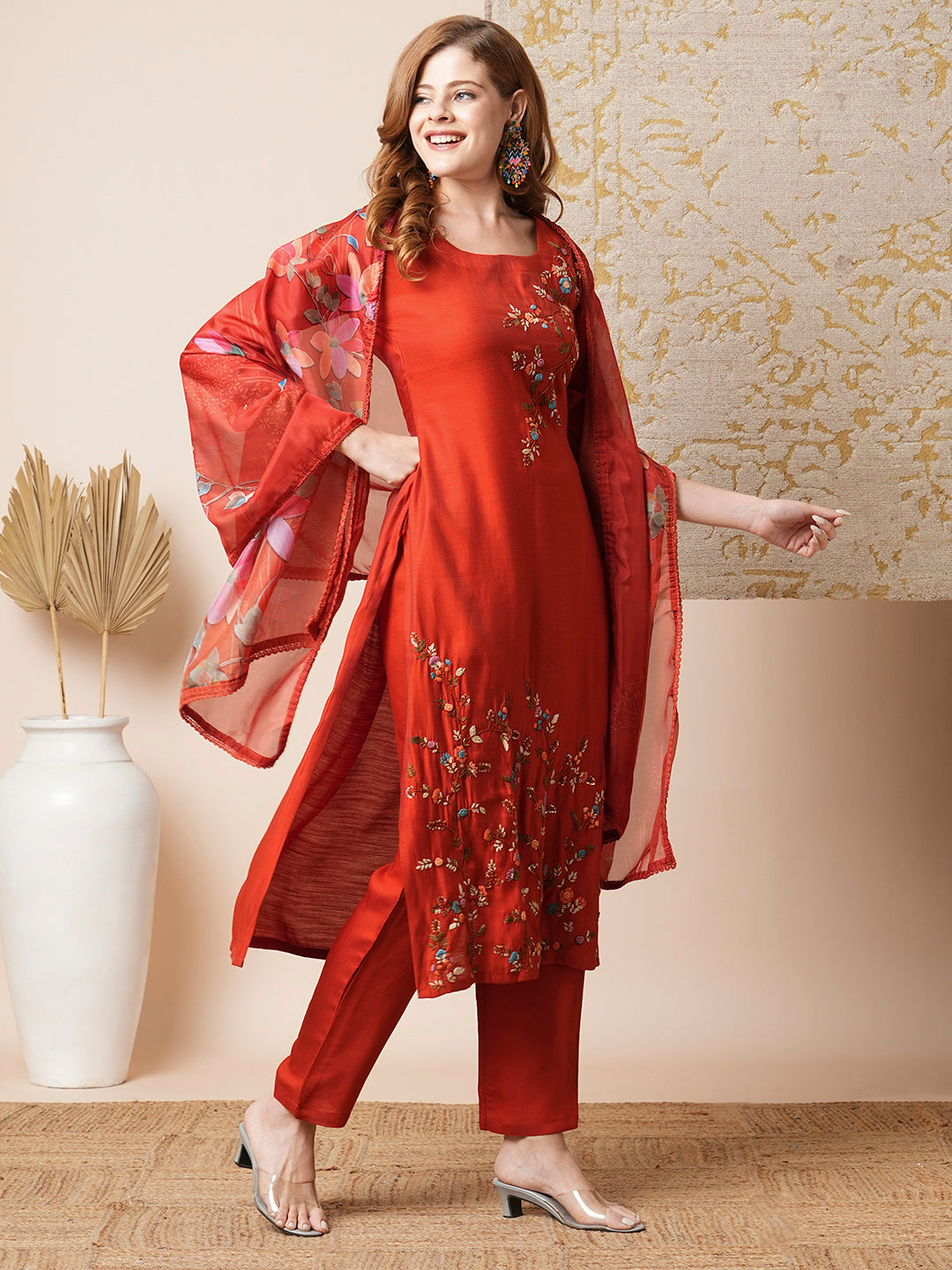 FASHOR Solid Floral Embroidered Straight Kurta with Pant & Dupatta - Rust