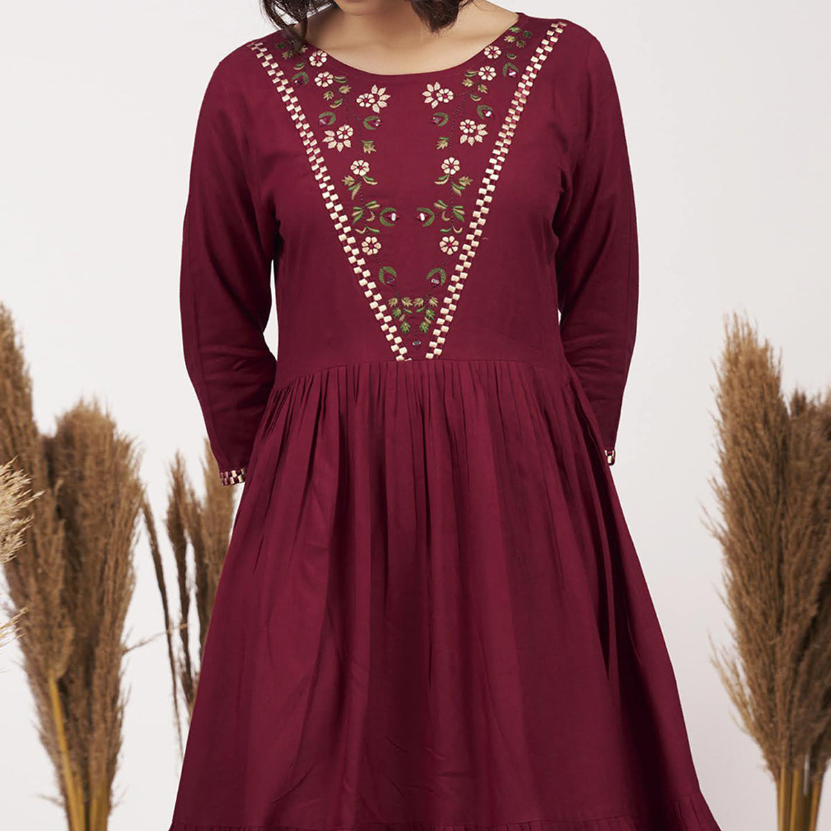 Peachmode Maroon Floral Embroidered Rayon Short Dress - view 3