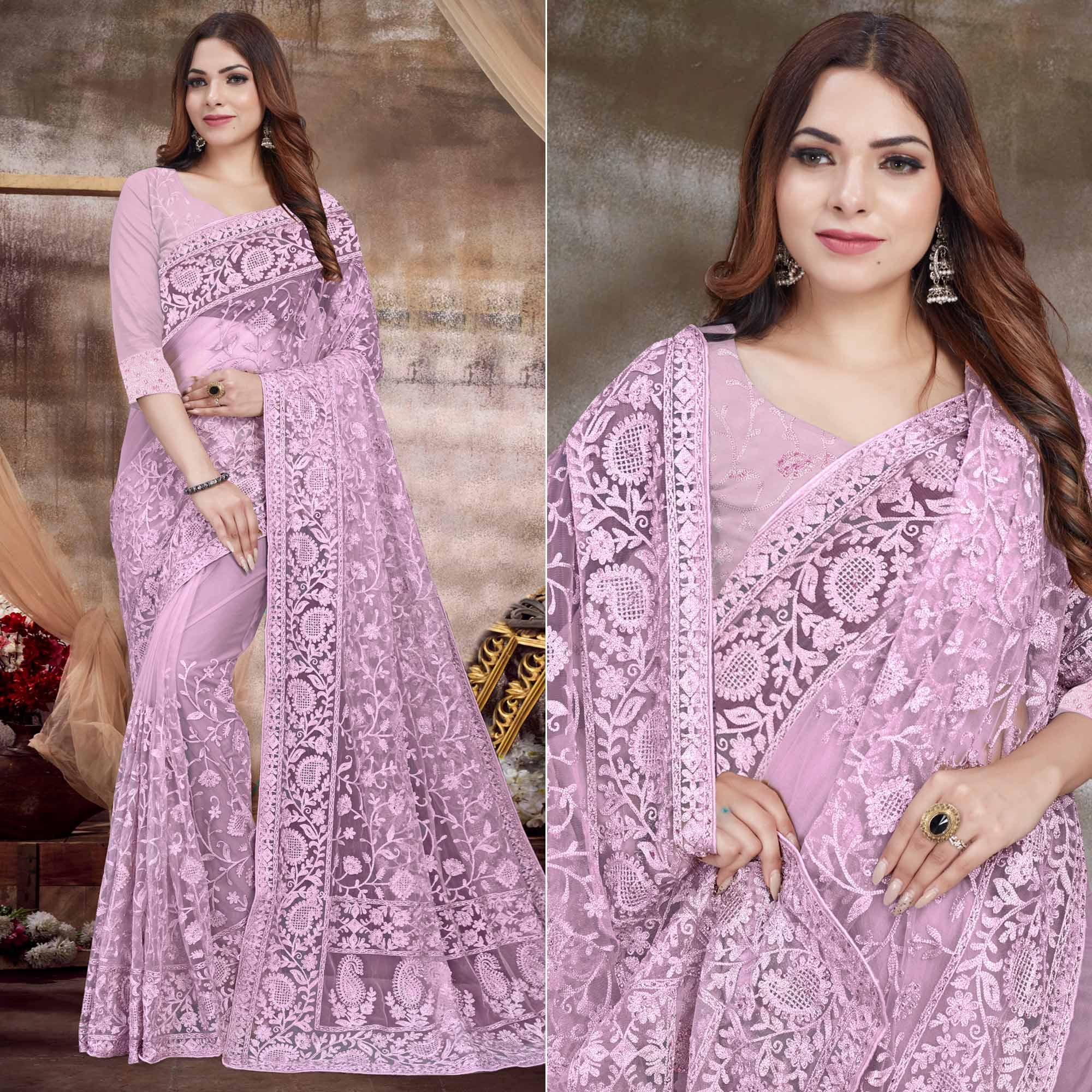 Peachmode Mauve Partywear Embroidery With Embellished Net Saree
