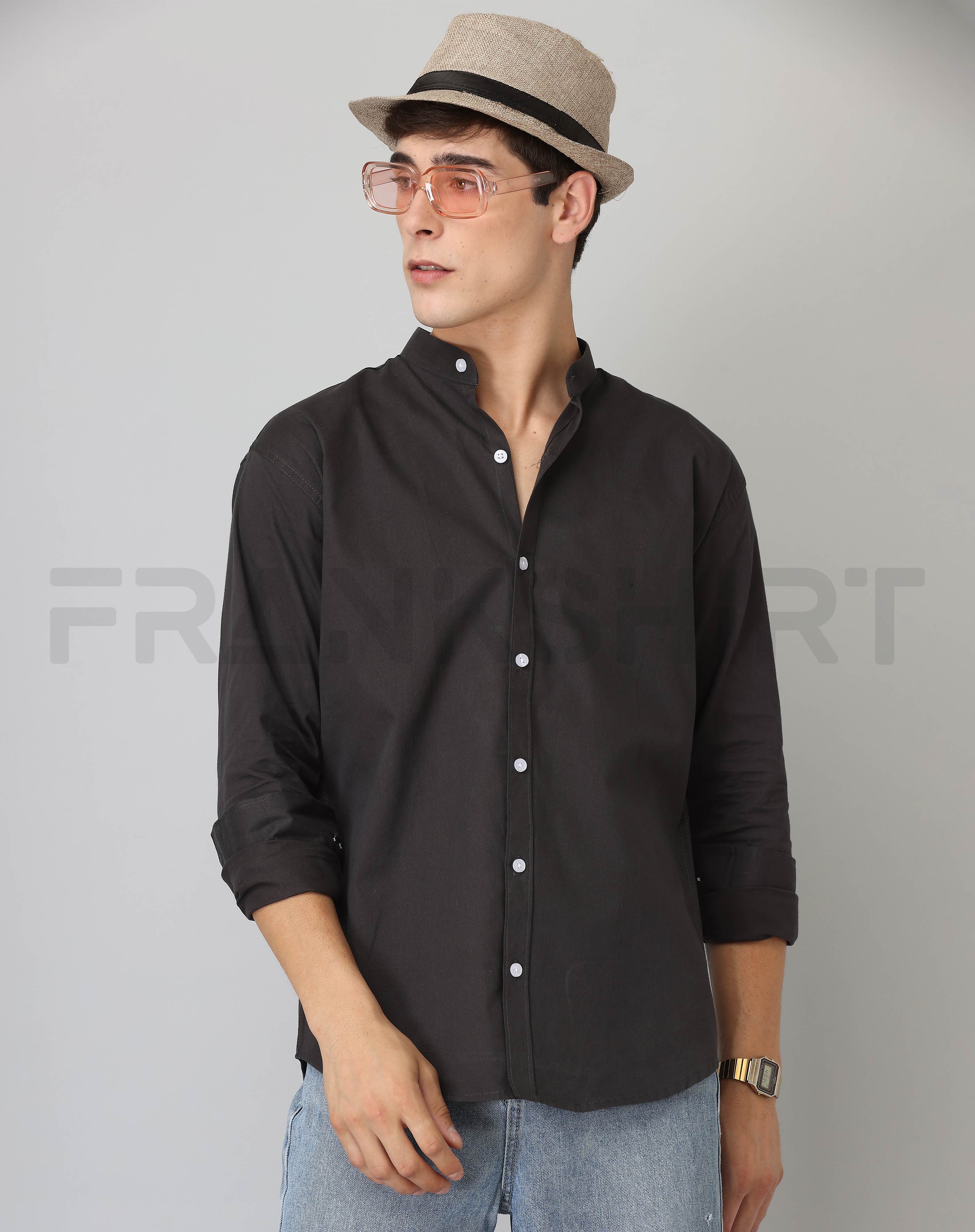 BlackTree Frankshirt Chinese Collar Black Solid Tailored Fit Cotton Casual Shirt for Man - view 5
