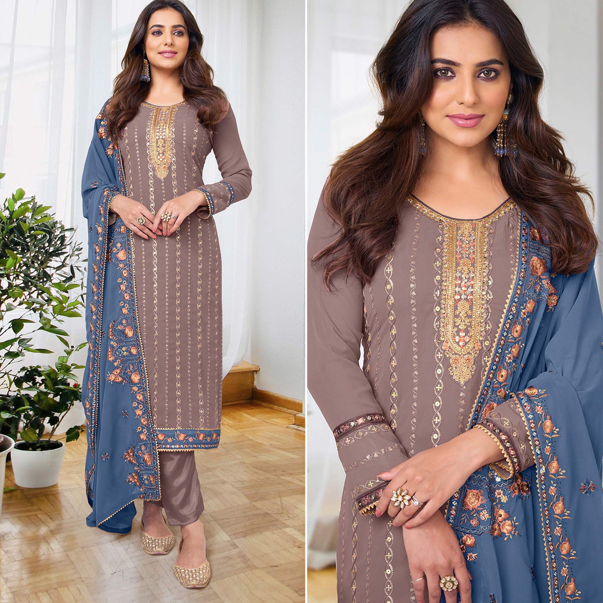 Peachmode Brown Embroidered Georgette Semi Stitched Salwar Suit