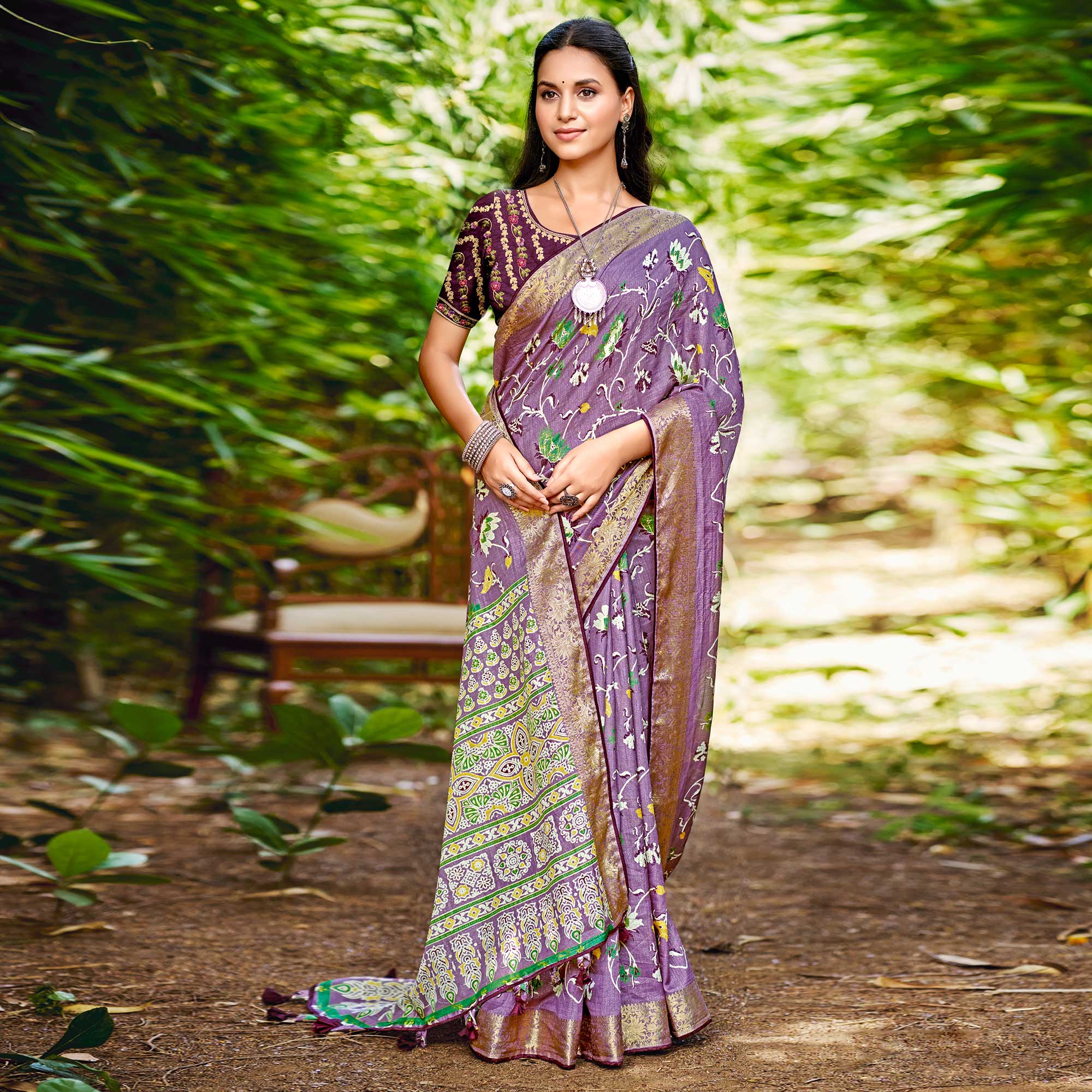Peachmode Lavender Floral Woven Dola Silk Saree With Tassels