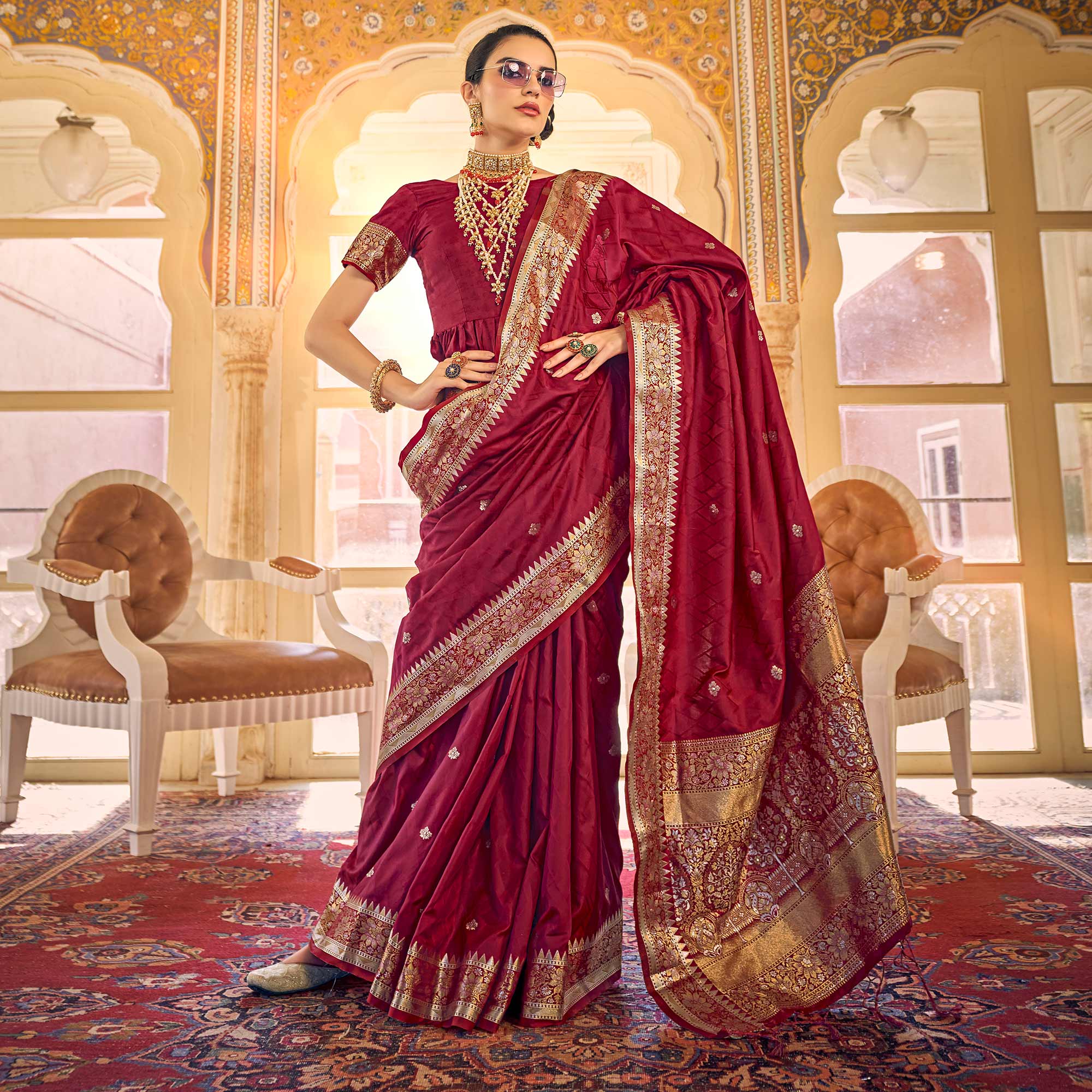 Peachmode Maroon Woven Satin Saree – Women's