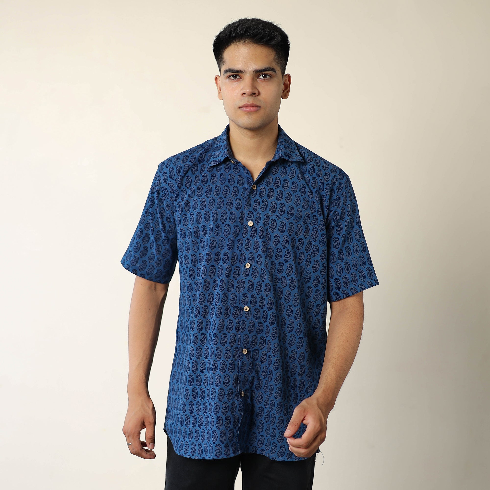 ITOKRI CASUALS Blue - Bagh Hand Block Printed Cotton Men Half Sleeve Shirt 02 - view 3