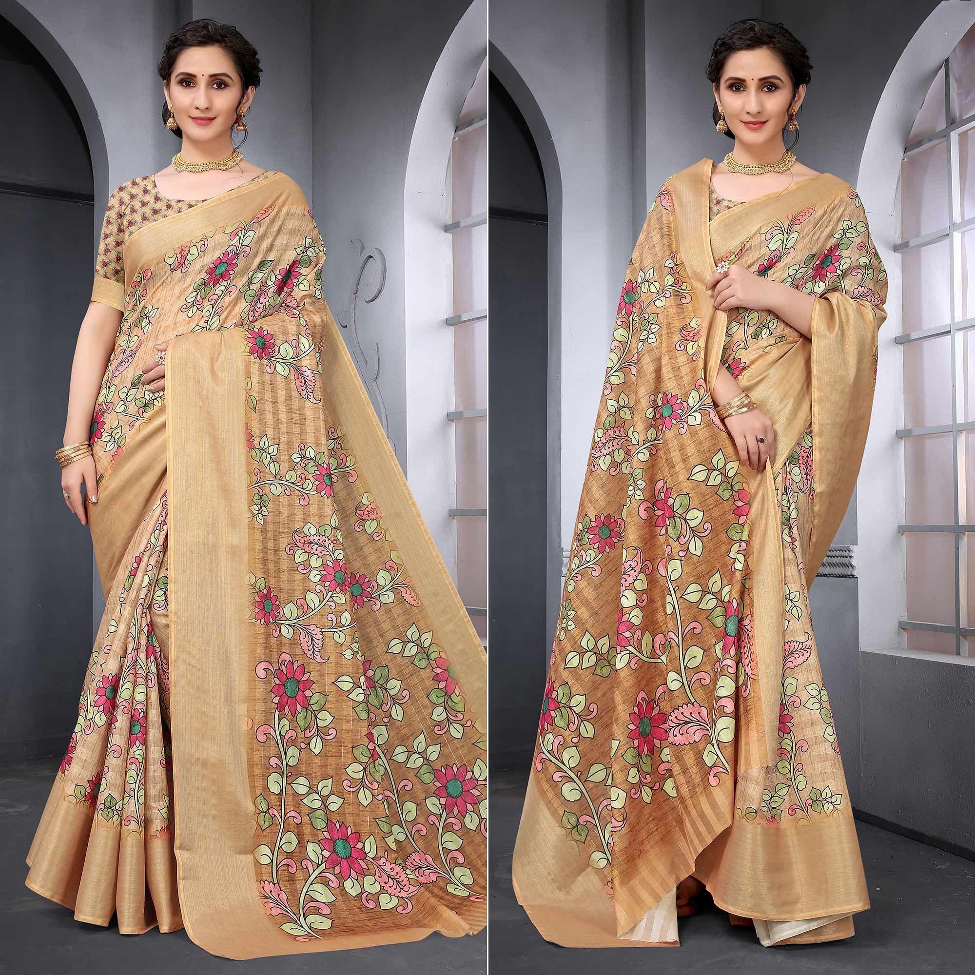 Peachmode Chiku Festive Wear Floral Printed Art Silk Saree