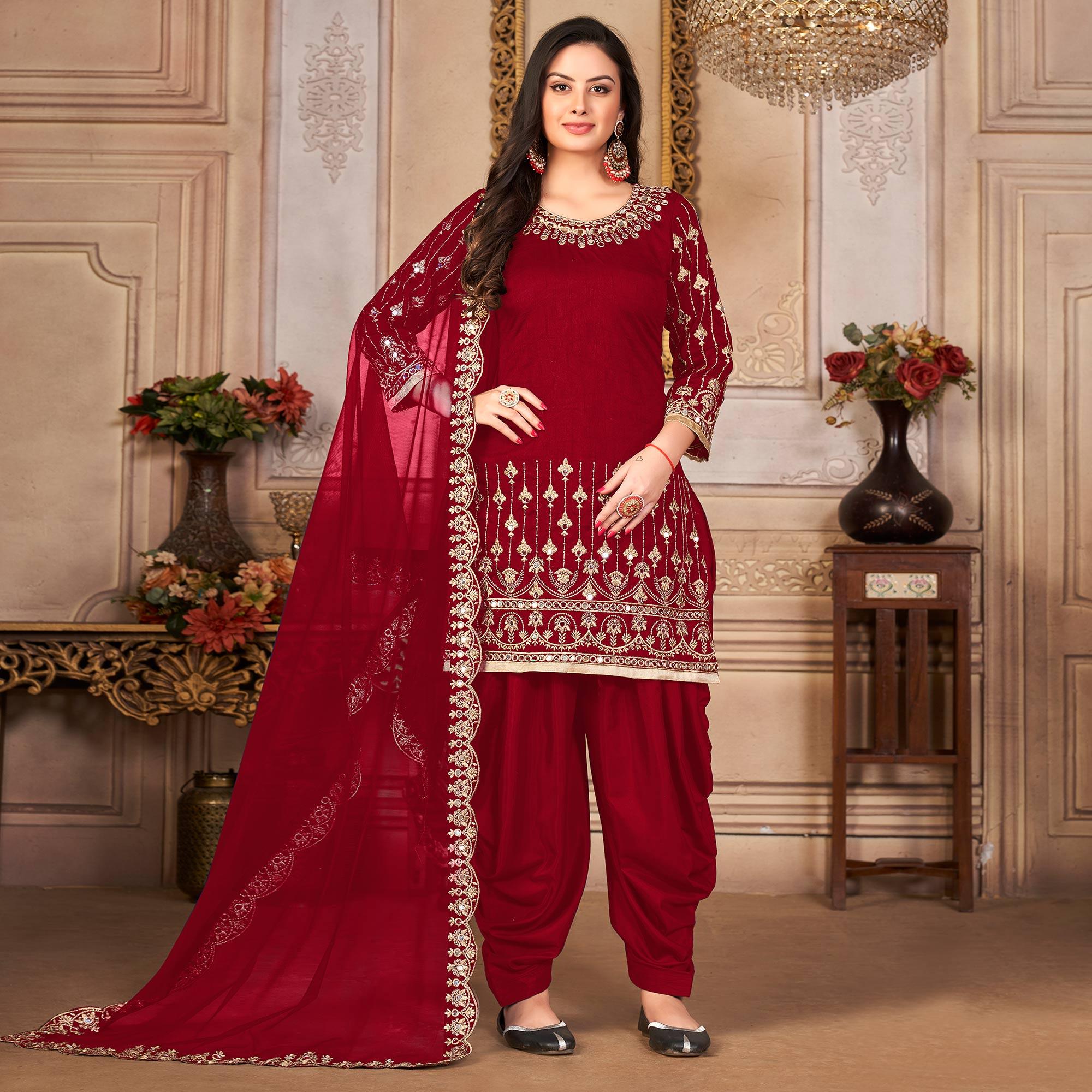 Peachmode Maroon Embroidered Art Silk Patiala Suit - view 2