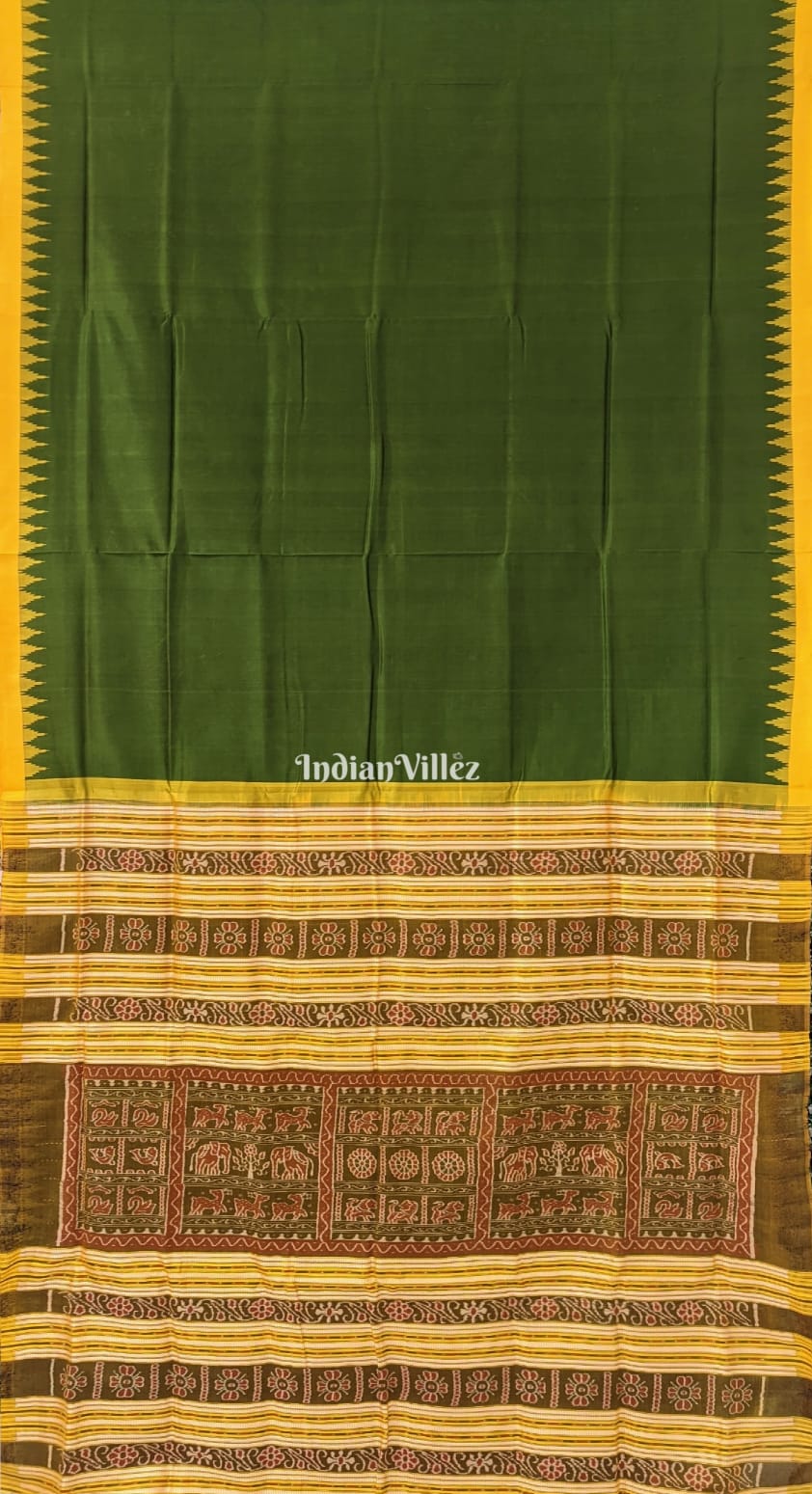 IndianVillèz Olive Green Odisha Handloom Sambalpuri Silk Saree