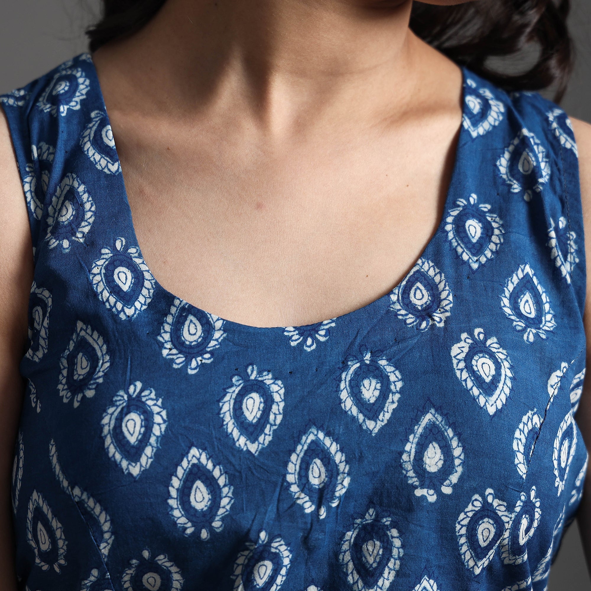 ITOKRI CASUALS Blue - Bagru Dabu Block Printed Cotton Stitched Sleeveless Blouse - view 3