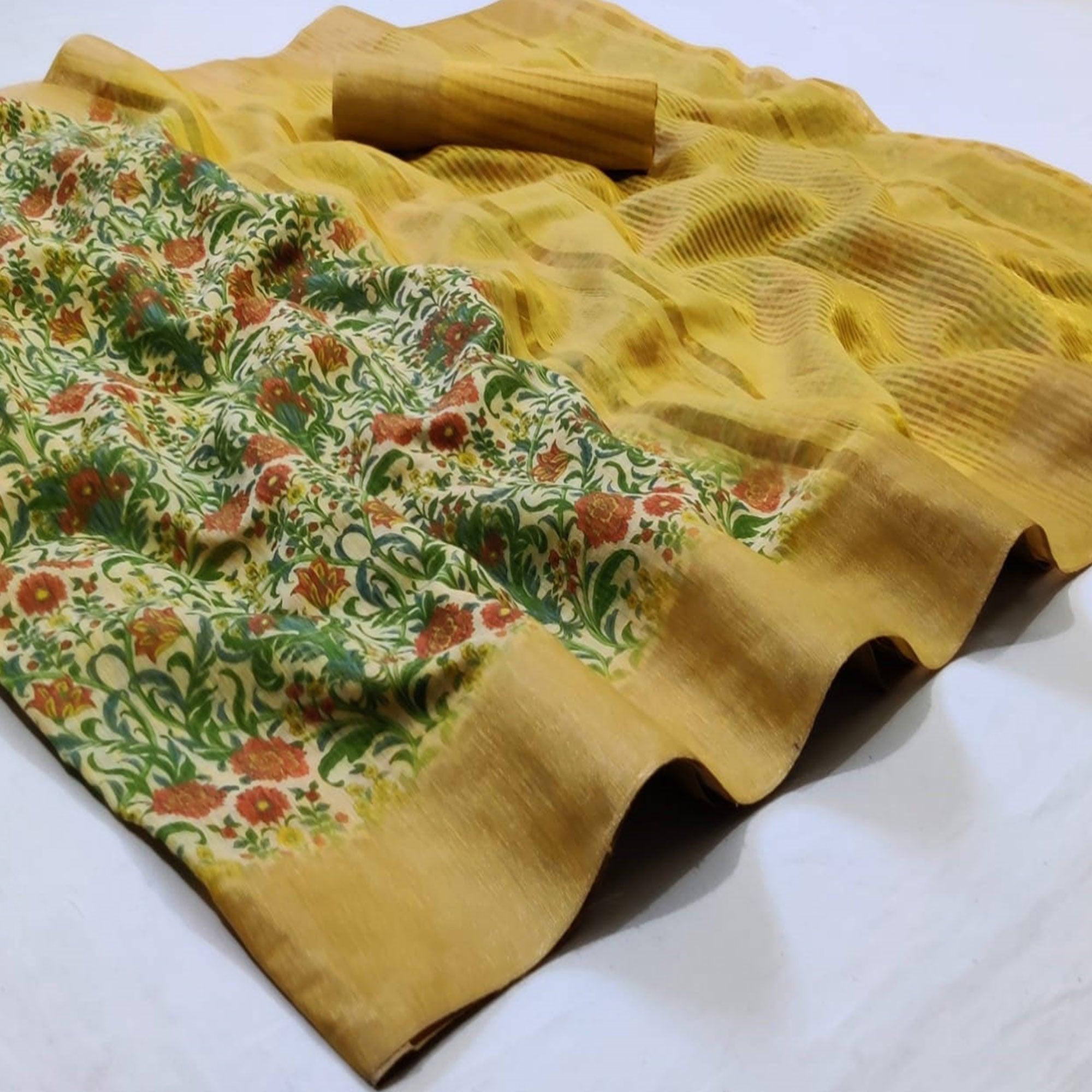 Peachmode Flamboyant Cream Colored Festive Wear Woven Linen Saree