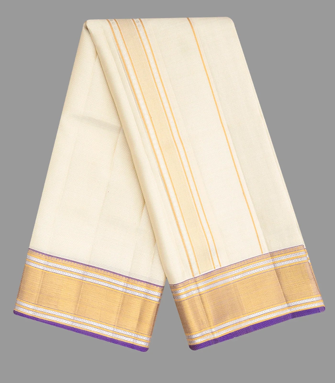 RmKV Off White 9 X 5 Handloom Silk Dhoti With Contrast Purple Border & Zari-Off White