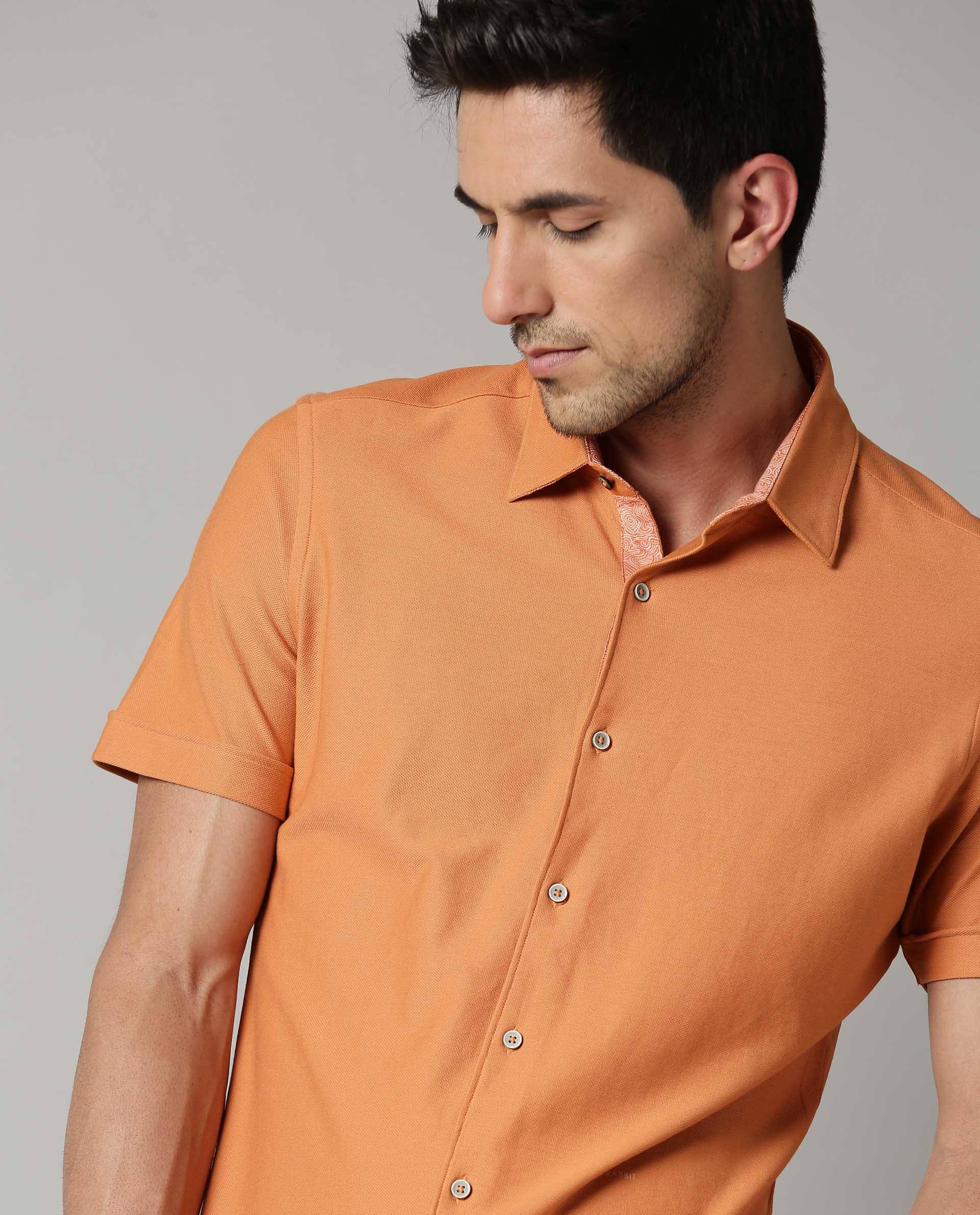 Rare Rabbit Men's Breath Orange Shirt Knit Fabric Short Sleeves Solid Slim Fit