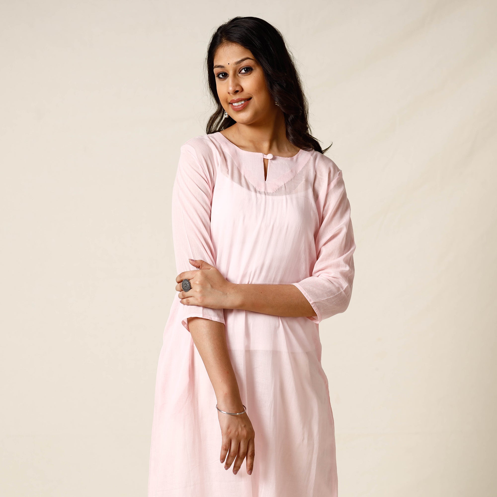 Baby Pink - Mulmalai Cotton Plain Dyed Straight Long Kurta 28