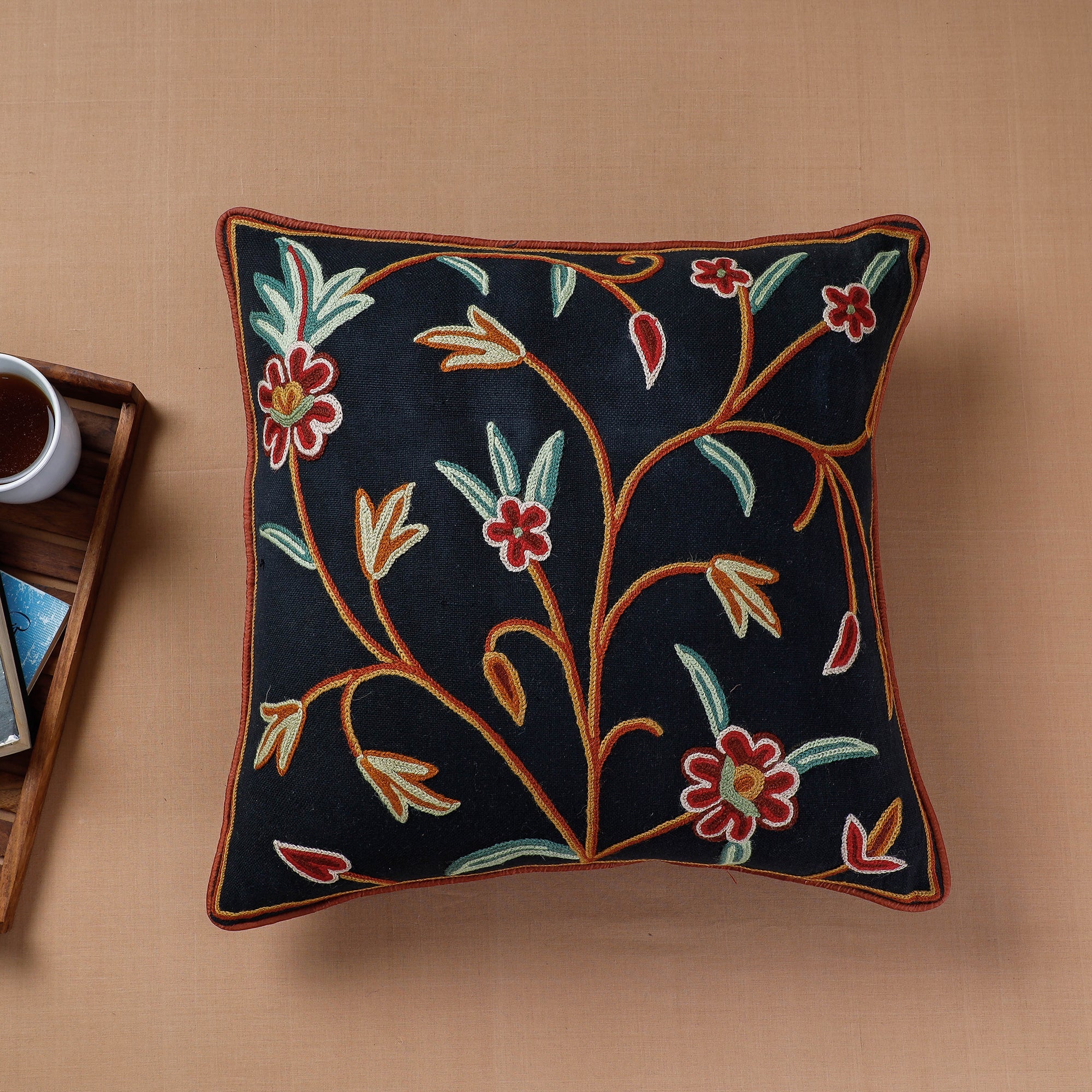 ITOKRI CRAFTS INITIATIVE Black - Aari Hand Embroidery Cotton Duck Cushion Cover (16 x 16 in)
