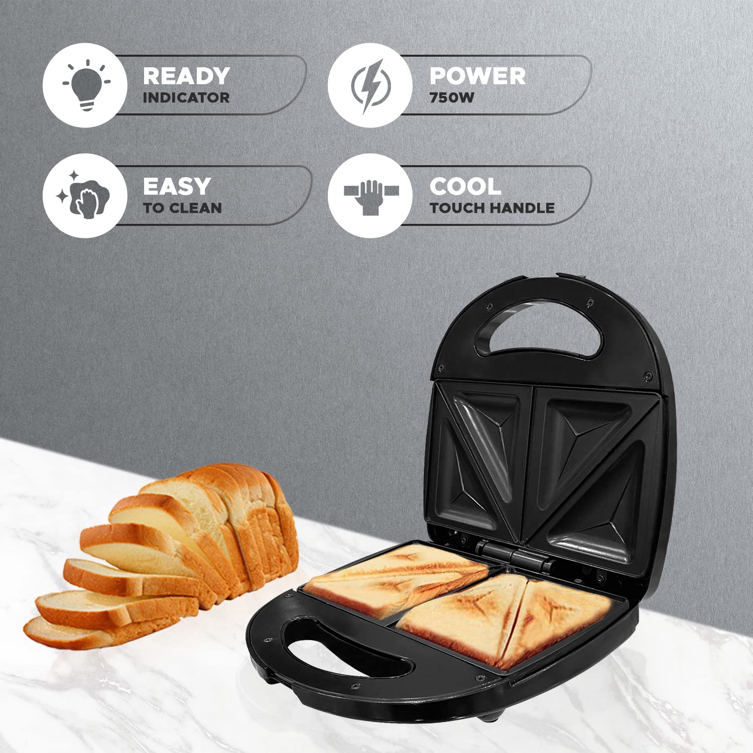 Candes Crunch Sandwich Toaster 4 Slices Non-Stick Fixed with Sandwich Plated Plates - 750 W (1 Year Warranty) Black & Silver - view 5