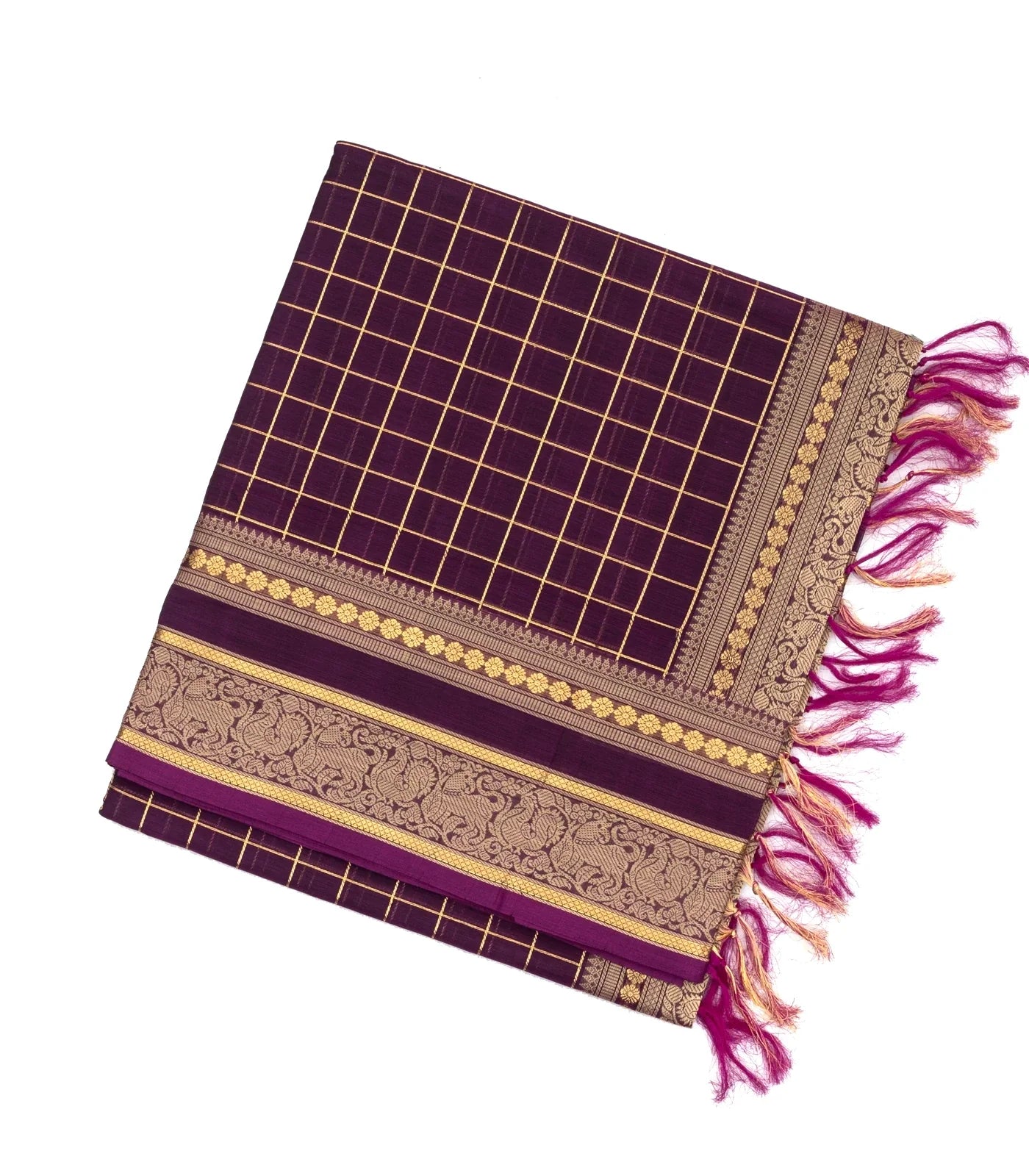 RmKV Burgundy Handloom Silk Cotton Saree With Zari Checks