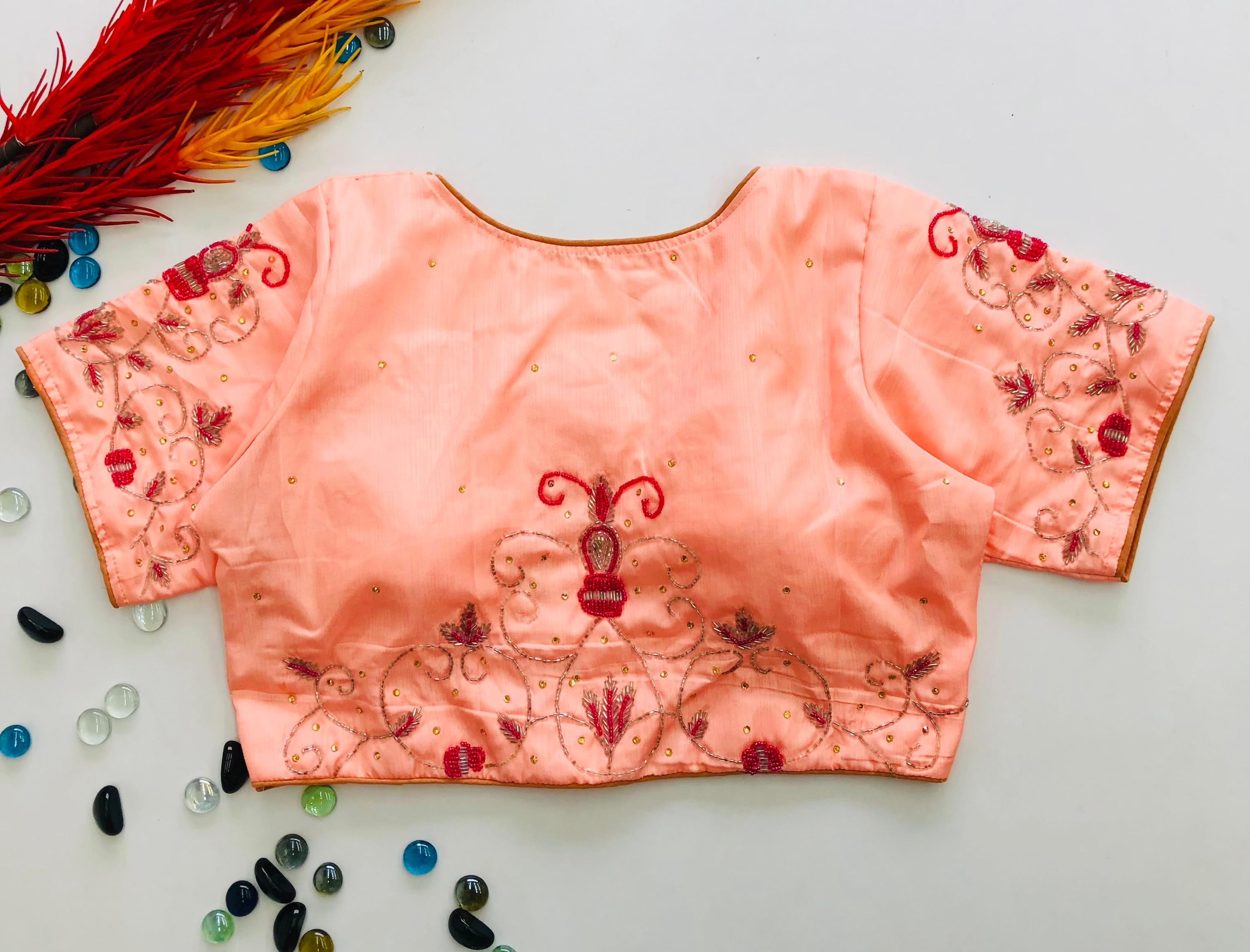 ClothsVilla Orange Pearl Embroidered Keri Silk Party Wear Blouse
