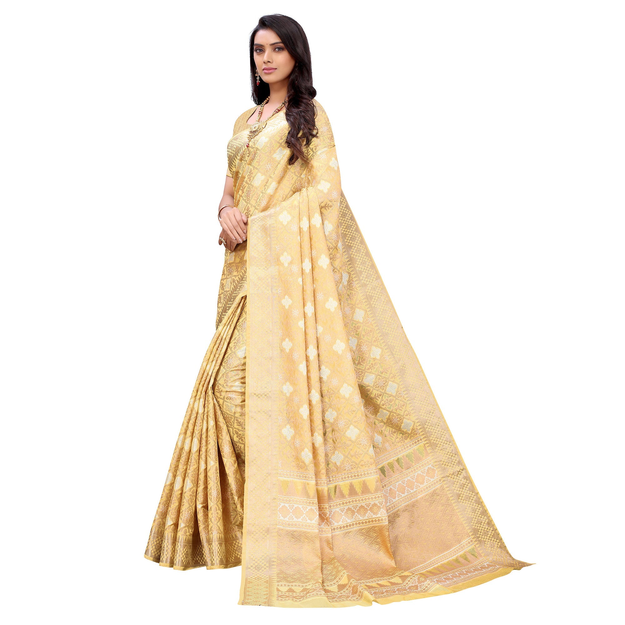Peachmode Cream Festive Wear Woven Silk Saree - view 3