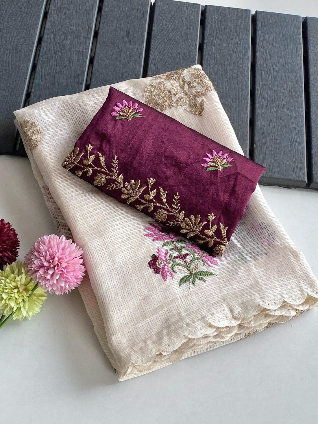 Tasrika Snappy Beige Embroidery Work Kota Doria Saree With Ethnic Blouse Piece - view 2