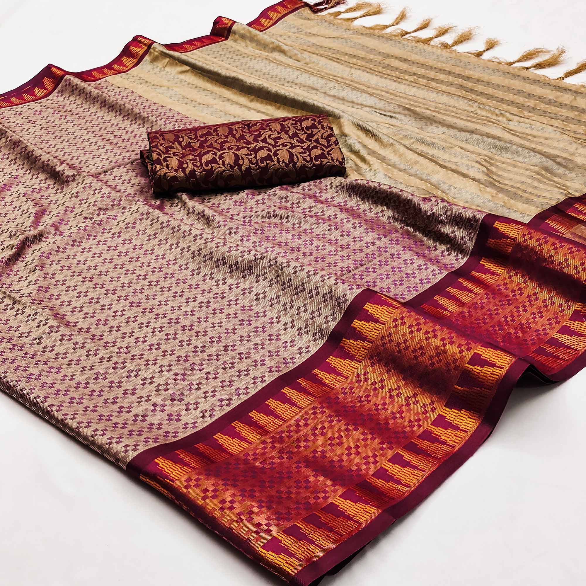 Peachmode Chikoo Woven Cotton Silk Saree – Women's