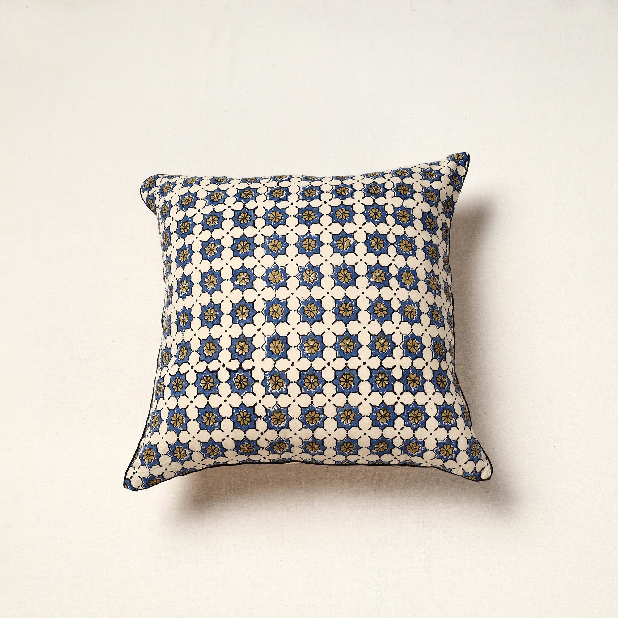 NOORI BAZAR Beige - Block Print Cotton Ajrakh Cushion Cover (16 x 16 in) 103