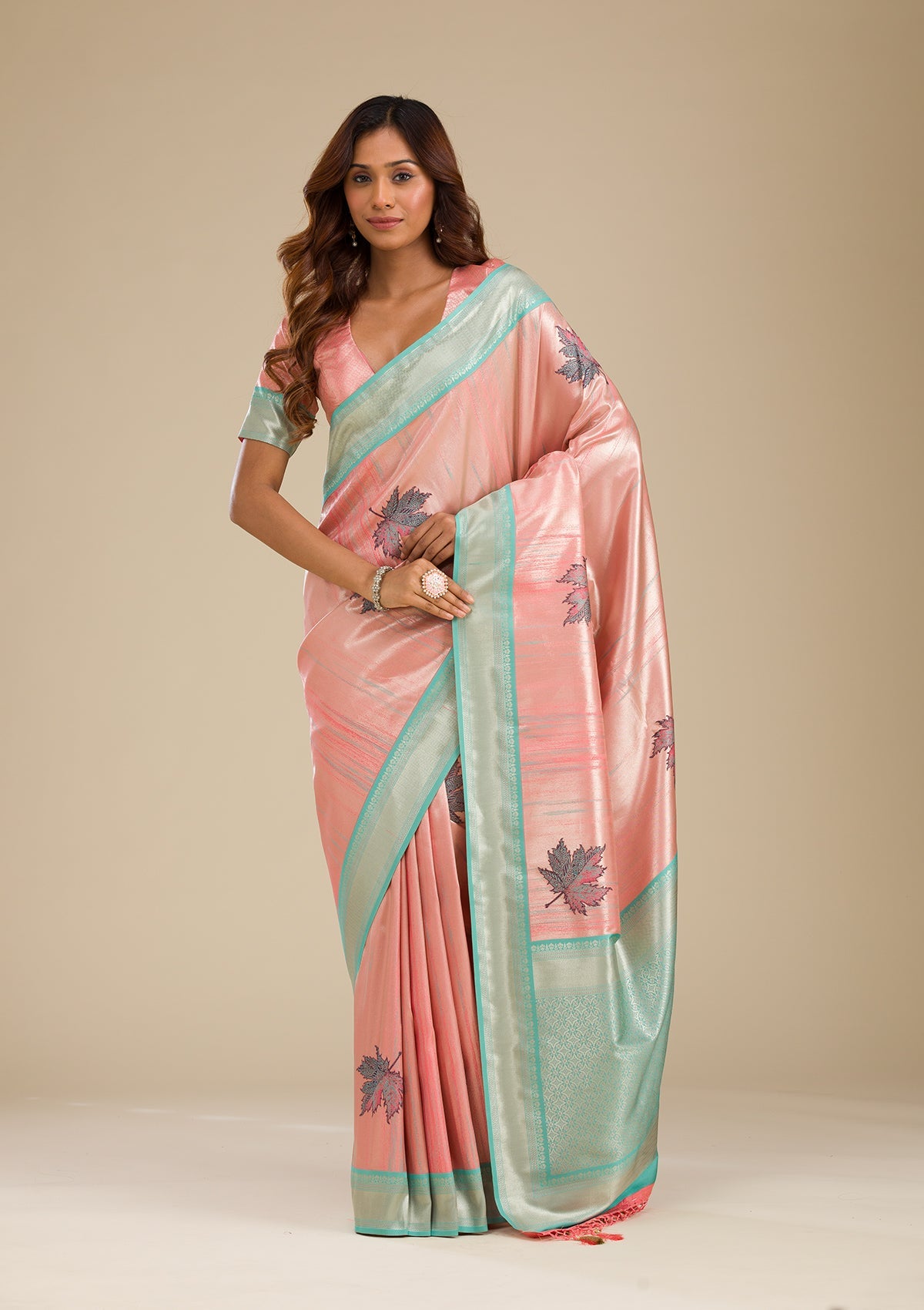 Koskii Baby Pink Zariwork Soft Silk Saree – Women's