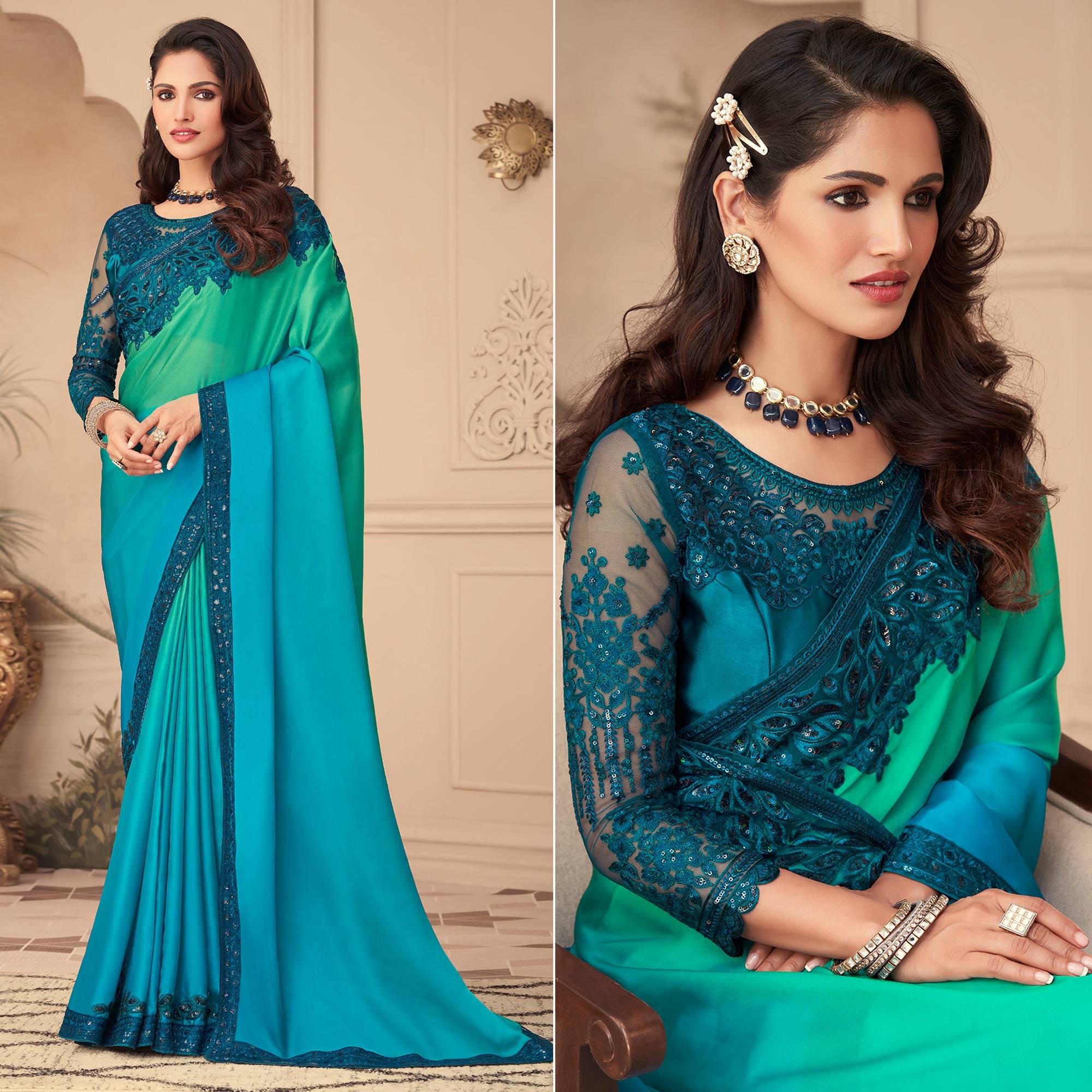 Peachmode Light Blue & Pista Green Floral Sequins Embroidered Art Silk Saree