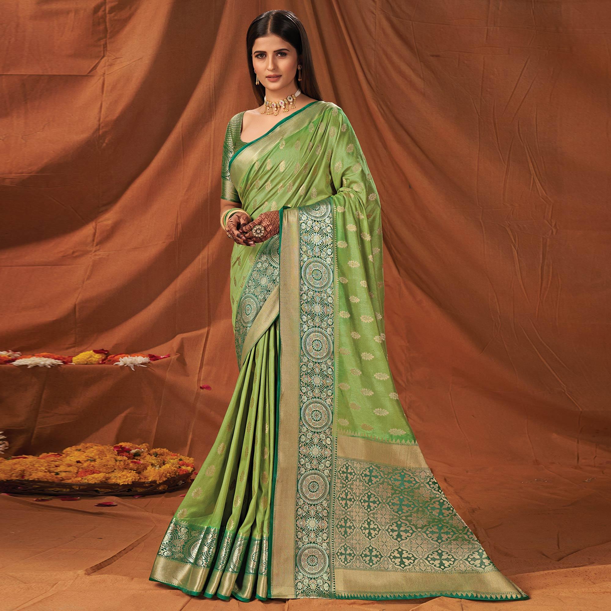 Peachmode Mint Green Festive Wear Woven Silk Saree
