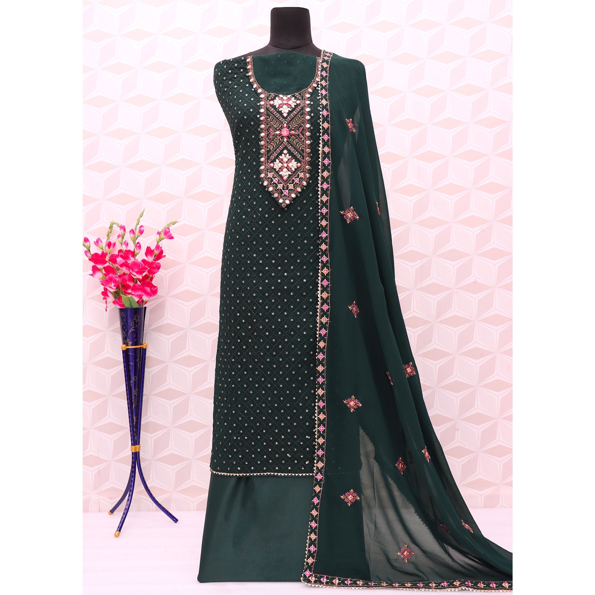 Peachmode Dark Green Sequins Embroidered Georgette Semi Stitched Salwar Suit - view 5