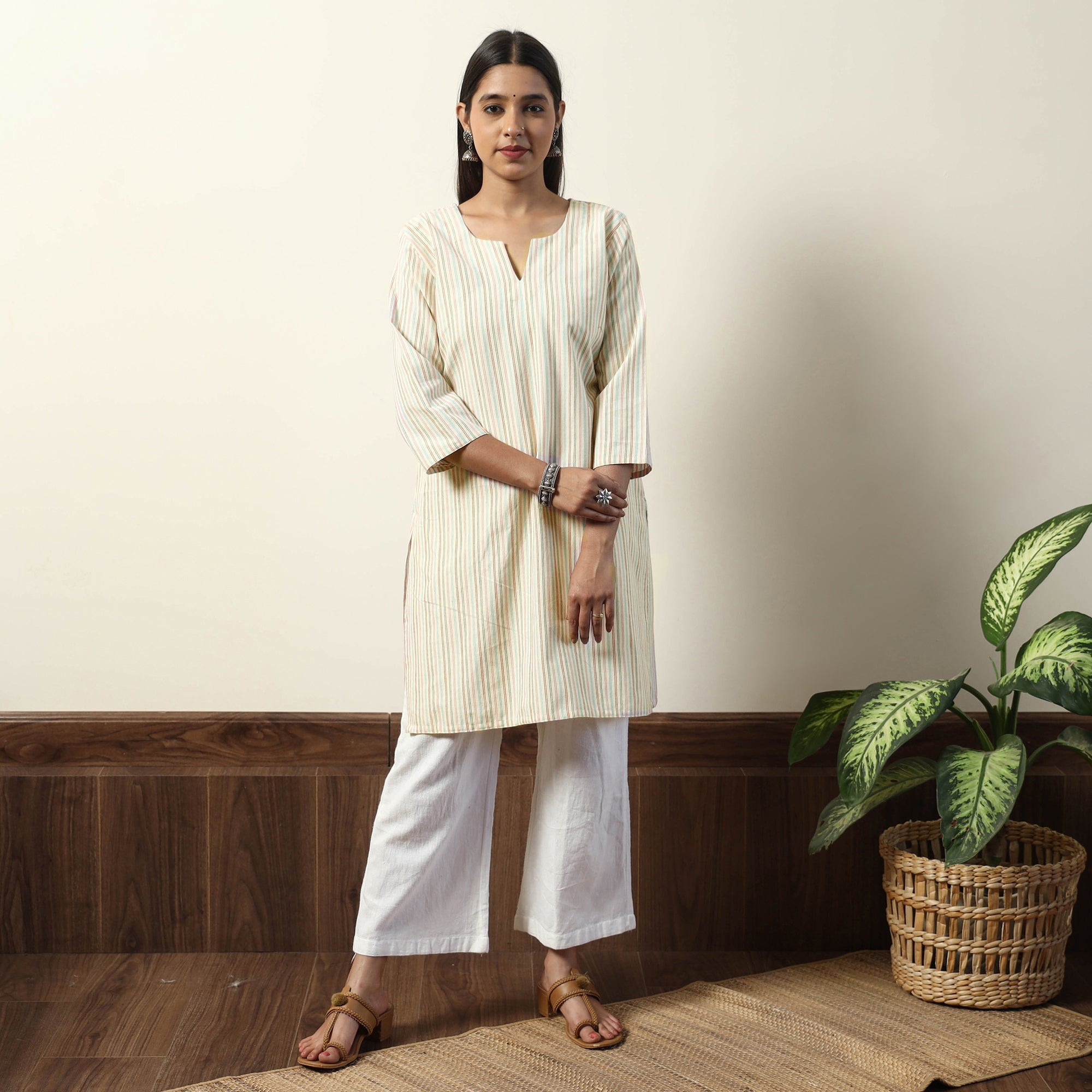 ITOKRI CASUALS Beige - Jhiri Handloom Cotton Straight Short Kurta - view 2
