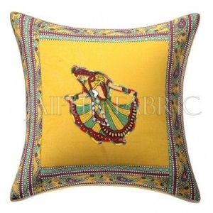 JaipurFabric® New Mustard Gujri Dance Design Patchwork & Applique Cushion Cover - view 3
