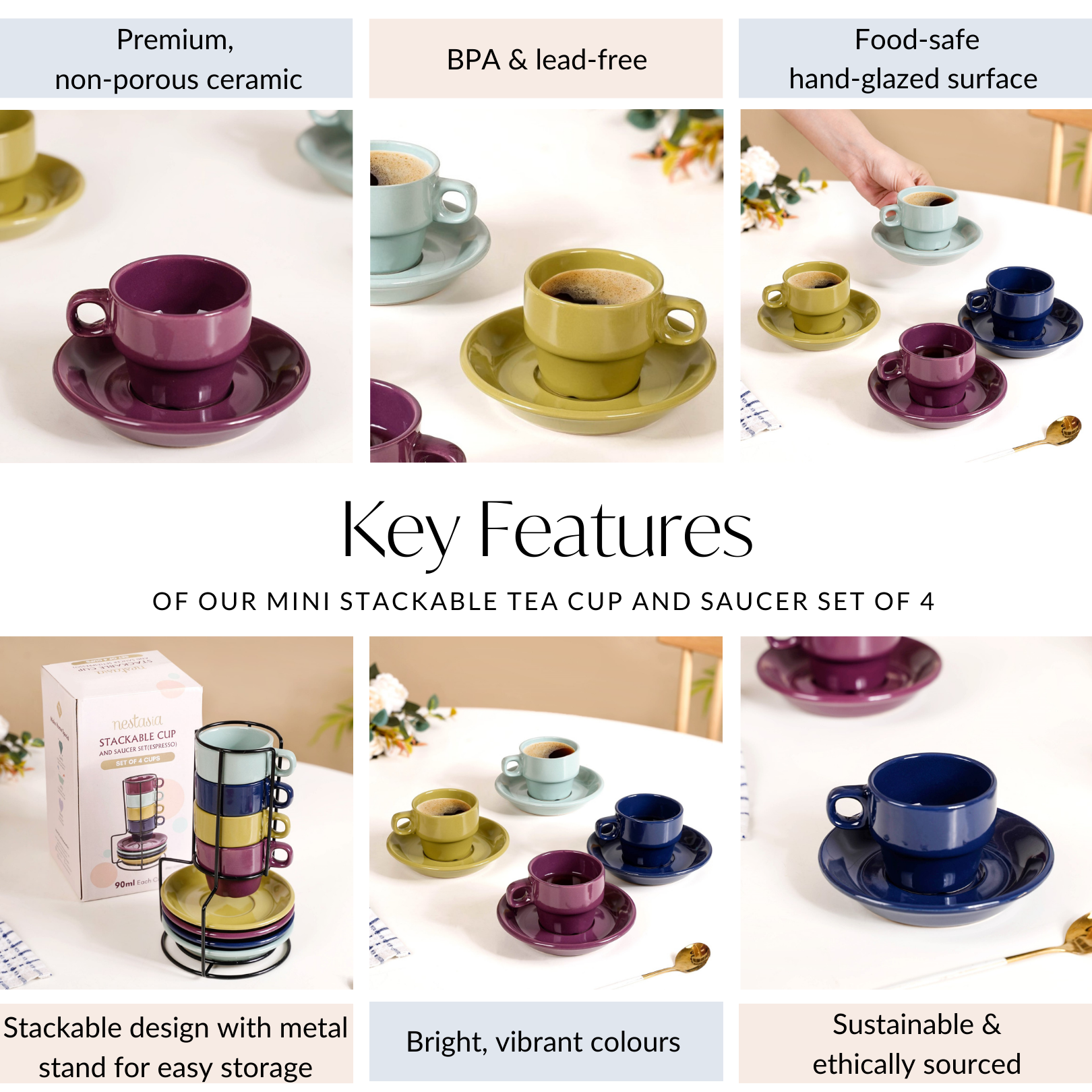 Nestasia Mini Stackable Tea Cup And Saucer Set Of 4 Multicolour 100ml - view 5