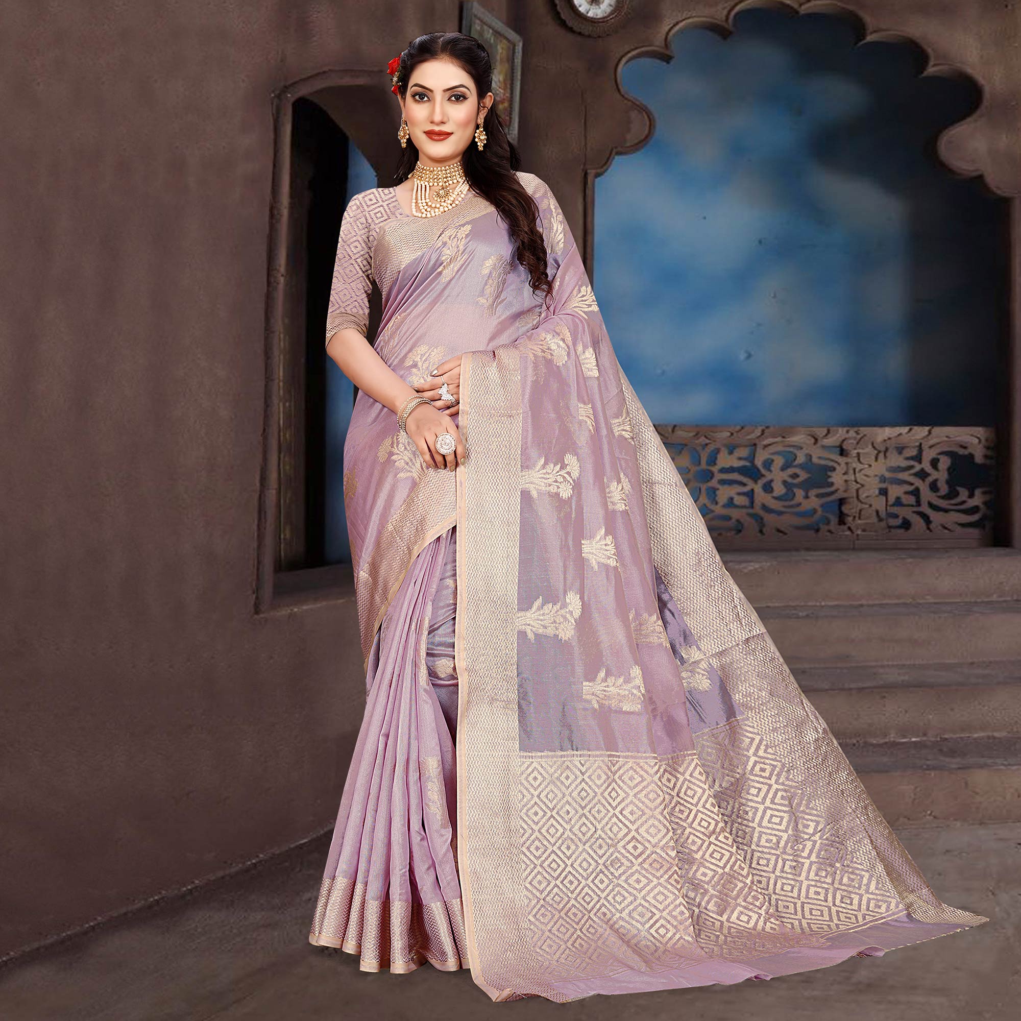 Peachmode Light Purple Floral Woven Organza Saree