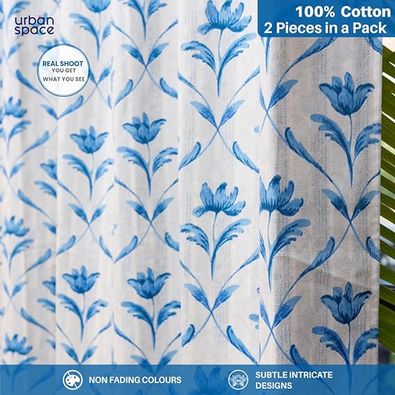 Urban Space -Home Furnishing Store 100% Cotton Curtains for Living Room, Bedroom curtains - Pack of 2 curtains, Water Lily - Blue - view 2