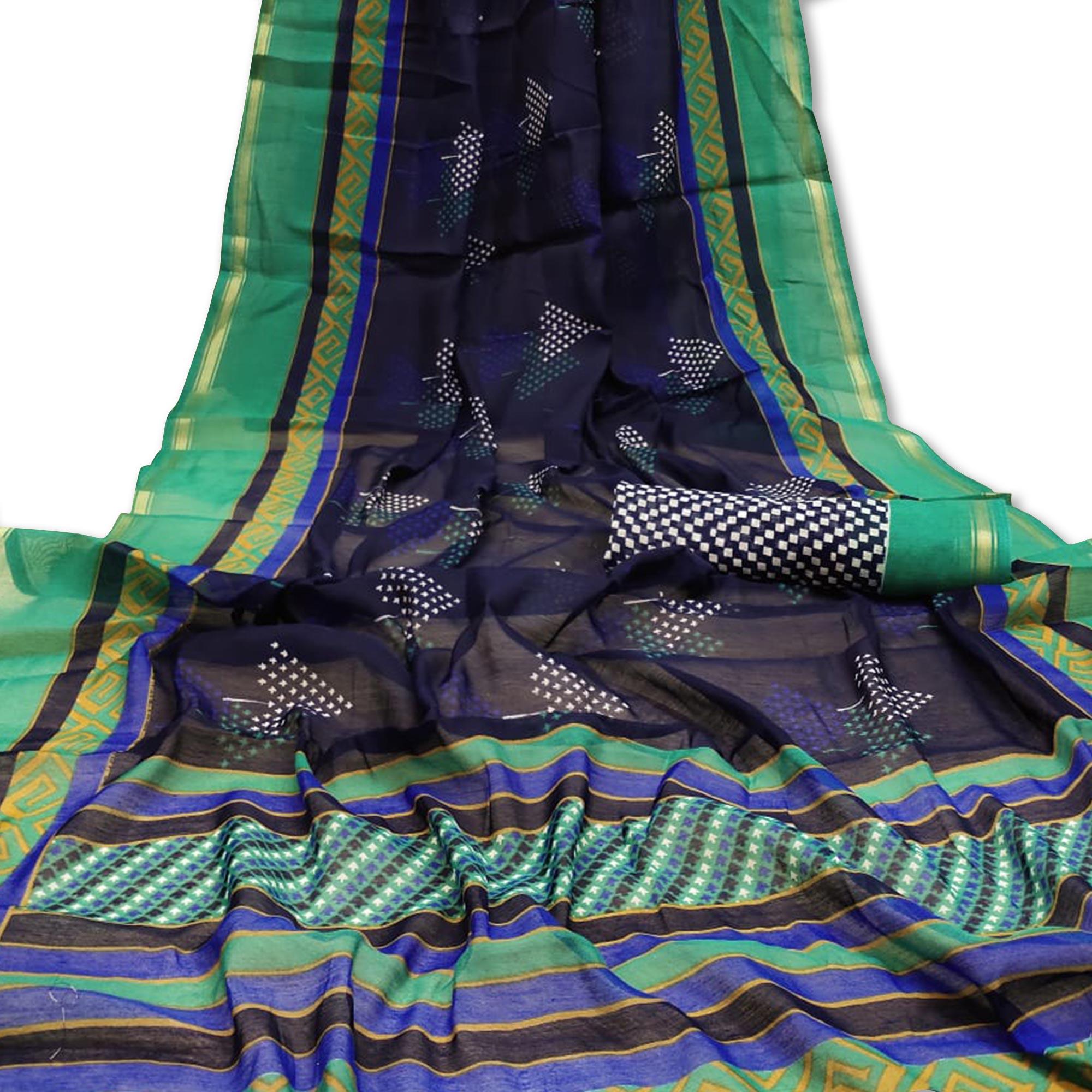 Peachmode Hypnotic Navy Blue Colored Casual Wera Printed Art Silk Saree